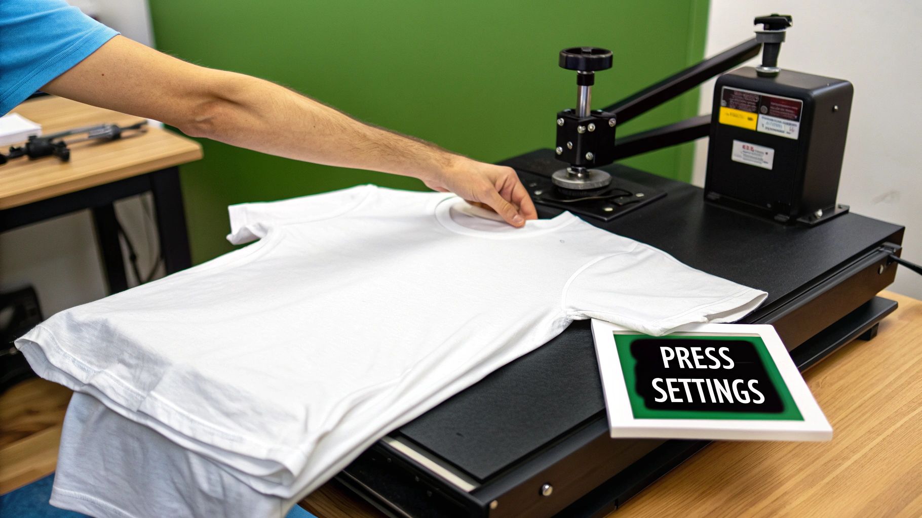 A person's arm places a white t-shirt onto a black heat press machine, with a 'PRESS SETTINGS' sign visible.