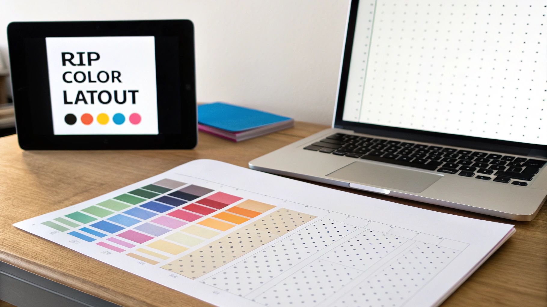 Color calibration chart and laptop displaying DTF printing software color management tools on desk