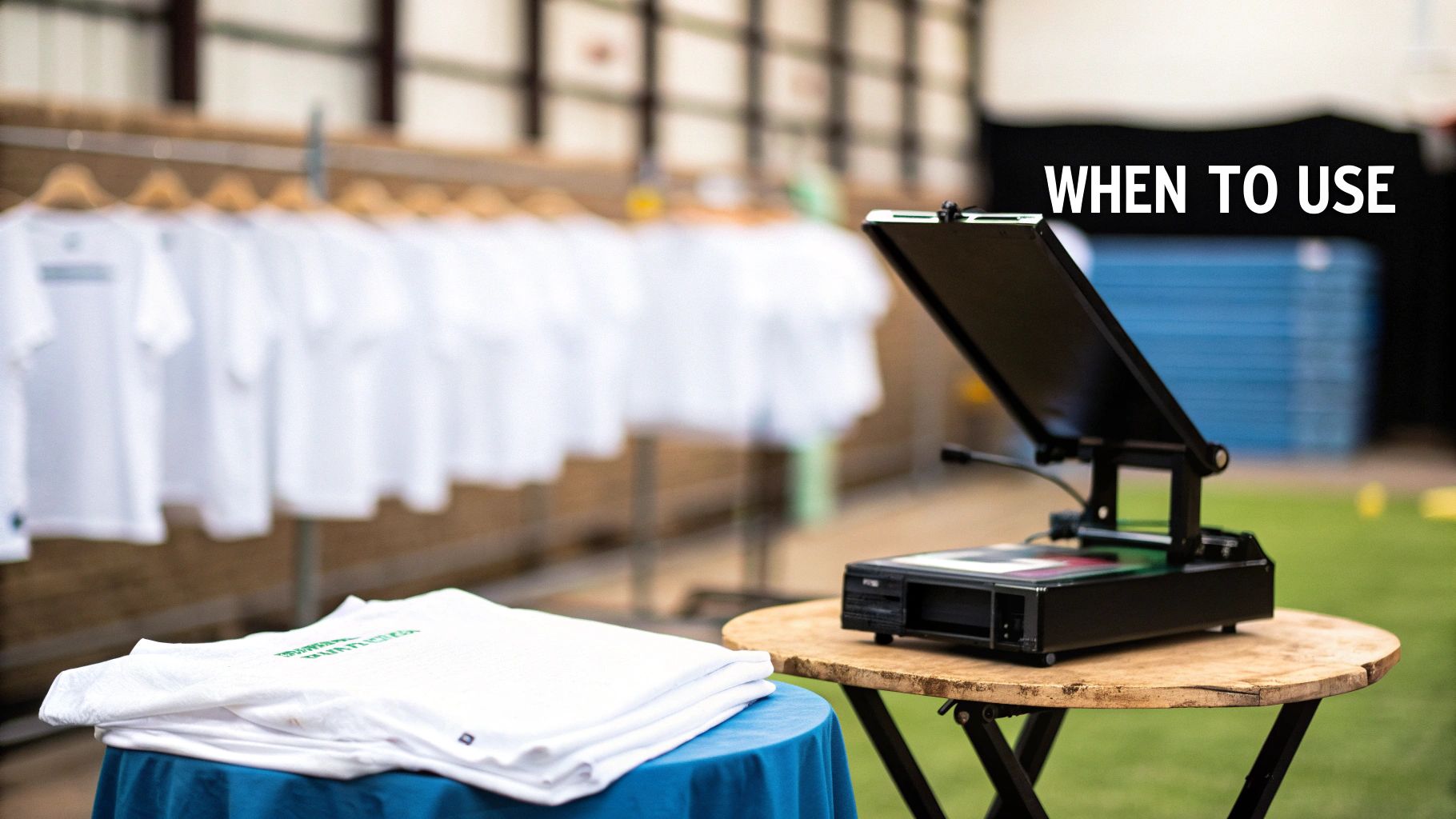 A heat press machine and a stack of white t-shirts, illustrating t-shirt printing methods.