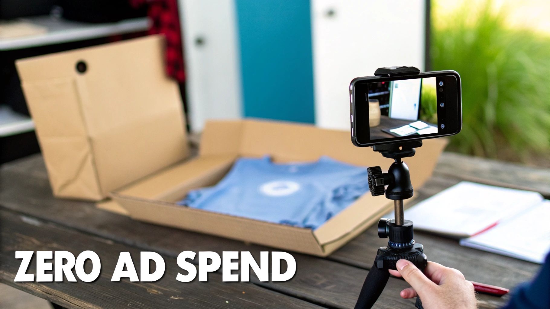 A person is filming the process of packing a t-shirt order with their phone for social media.
