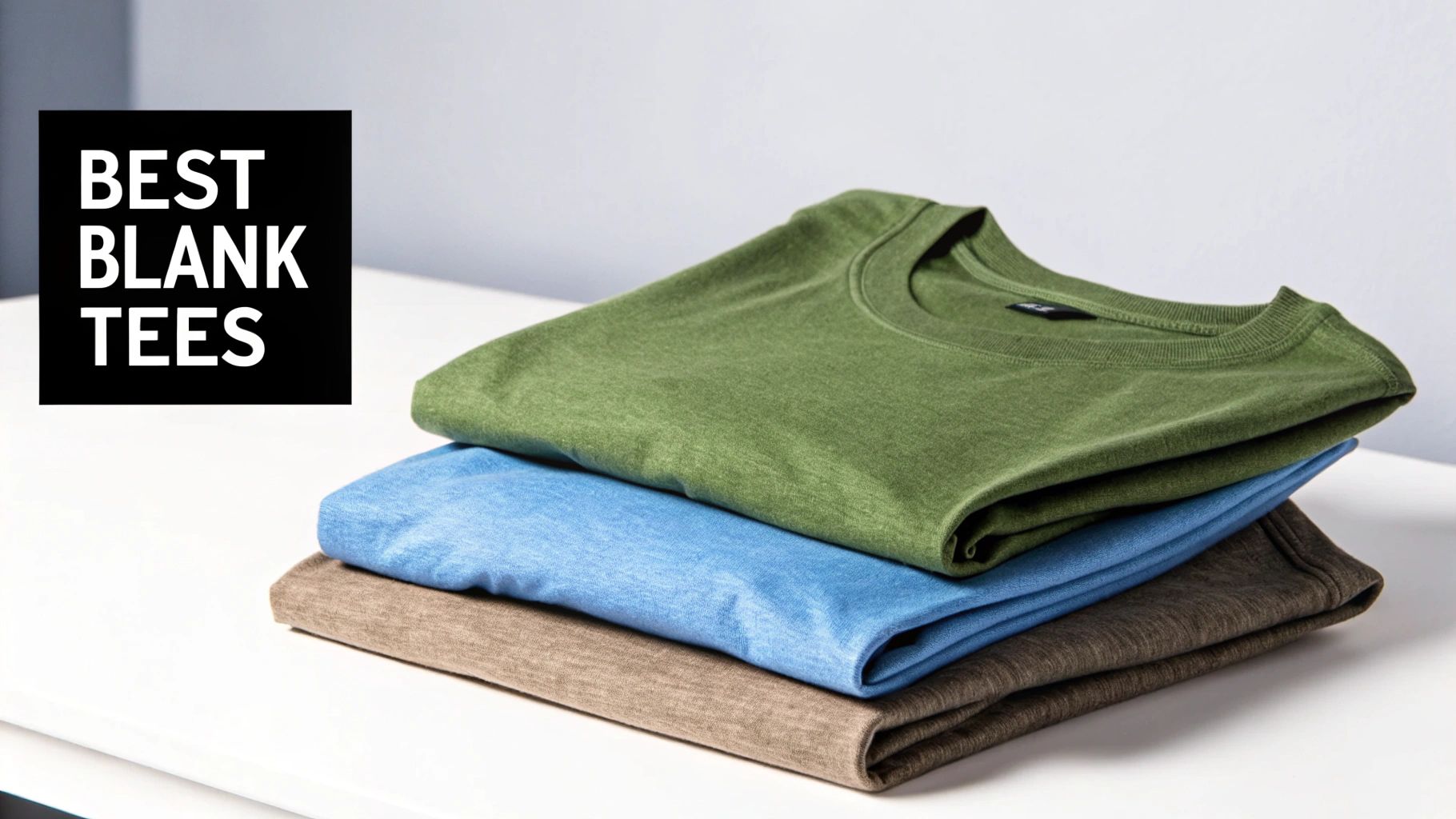 A stack of neatly folded, colorful blank t-shirts ready for printing.