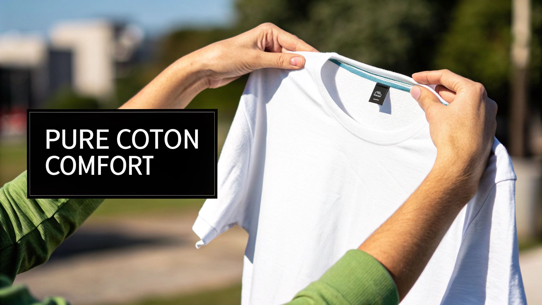 Two hands holding a white pure cotton t-shirt with 'PURE COTON COMFORT' text overlay.