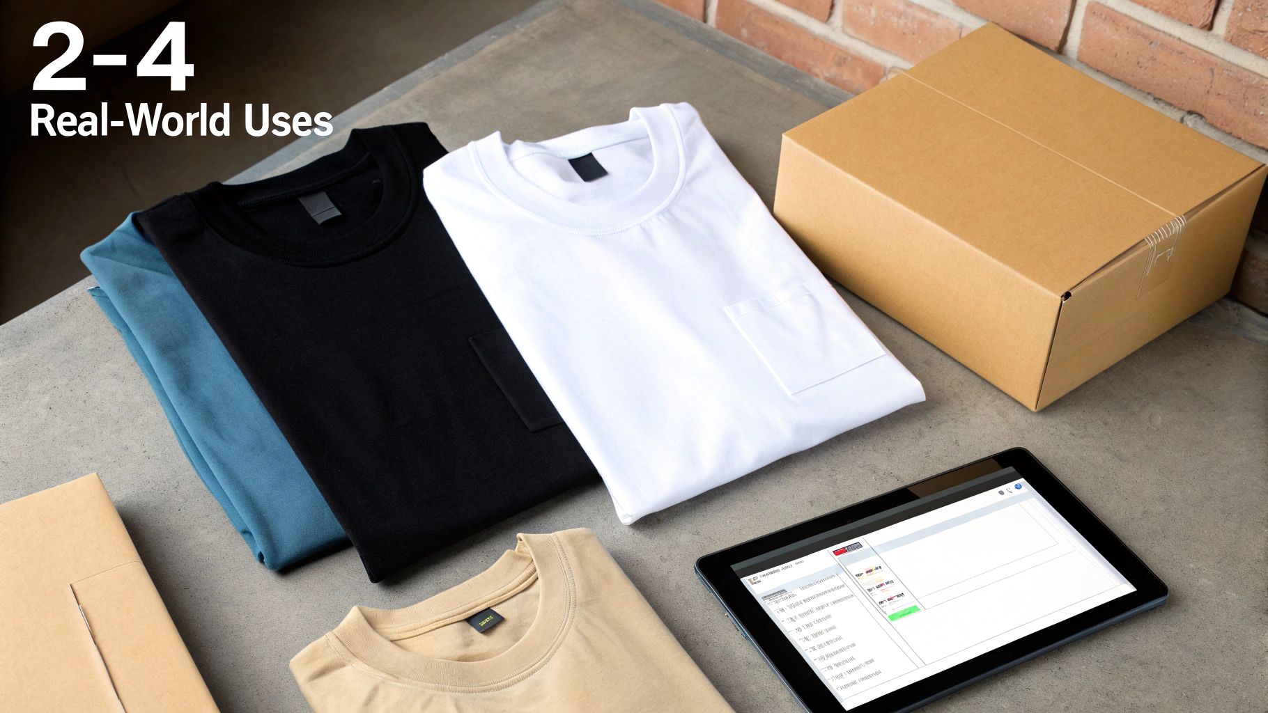 Folded t-shirts in various colors, a shipping box, and a tablet demonstrating real-world uses for custom apparel.