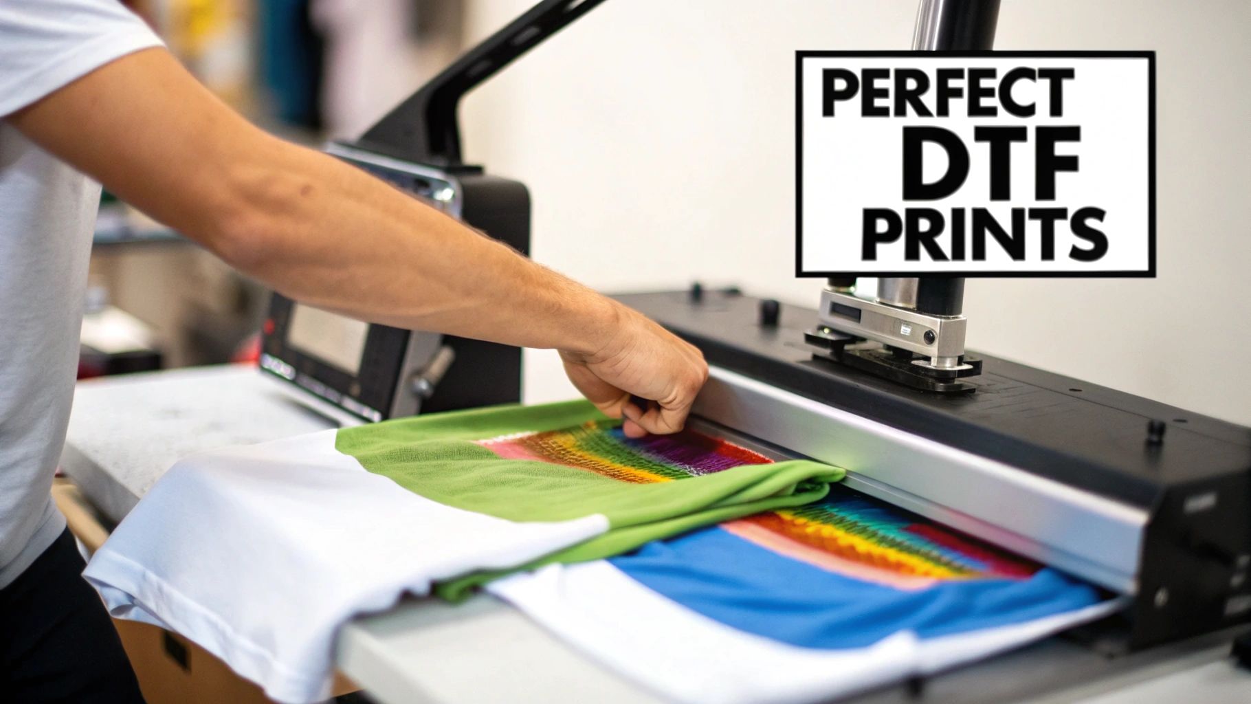 A person's hand operates a DTF heat press machine, applying a vibrant design to a green t-shirt.