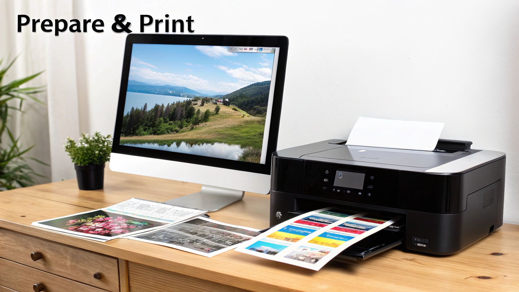 A person's hands holding up a sheet of iron transfer paper with a printed design, in front of a laptop.