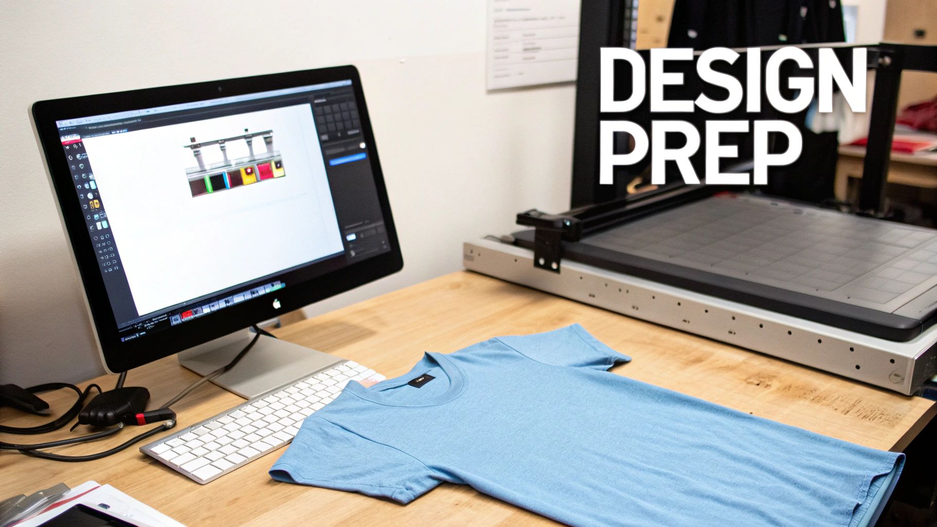 A designer carefully sizing a graphic on a computer screen next to a neatly folded t-shirt