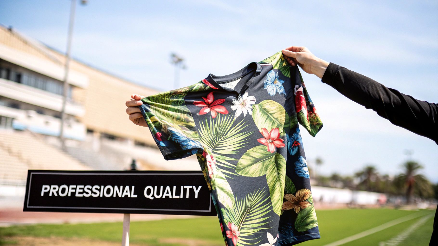 A person holds up a vibrant tropical floral printed t-shirt at a stadium.