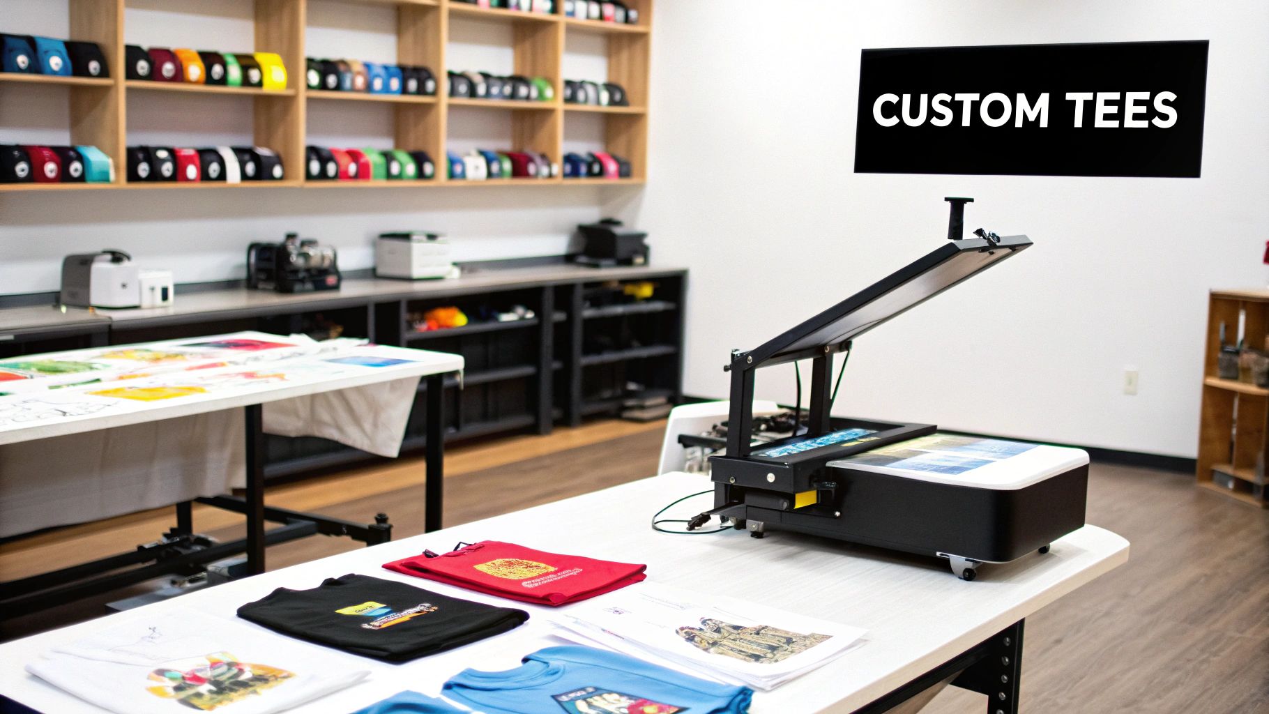 A collection of custom-designed t-shirts hanging on a rack, showcasing various colors and graphic prints.