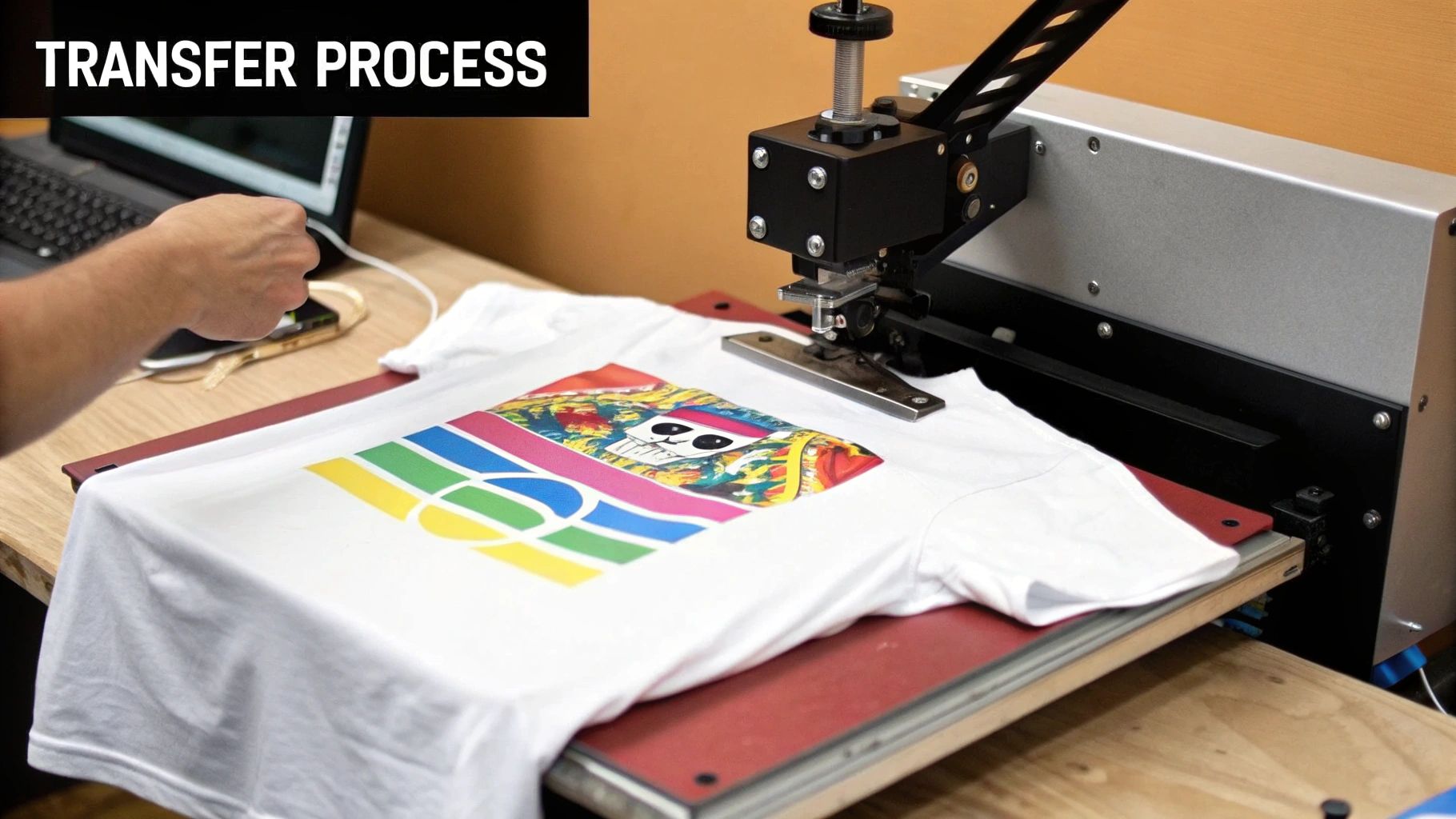 A collection of colorful custom-printed hats, shirts, and bags created with DTF transfers