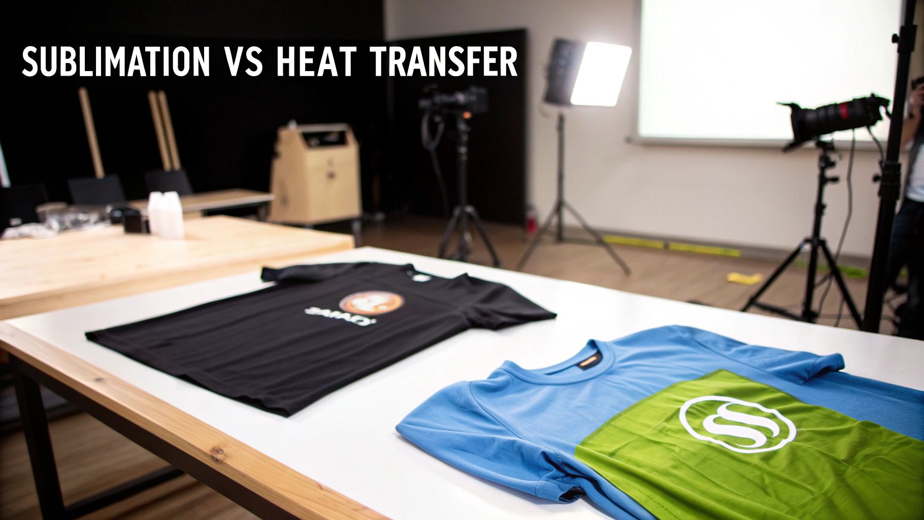 Two hands holding different custom printed shirts, one showing a vibrant sublimation design and the other a bold heat transfer vinyl design.