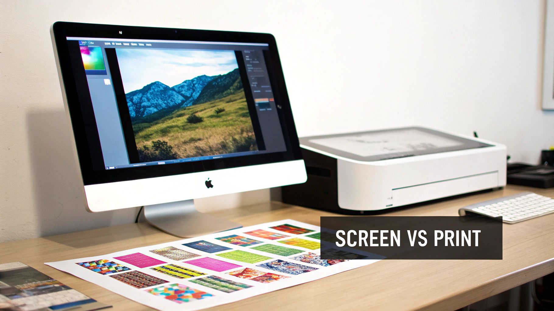 A computer monitor displaying an image editor next to a printer and a printed sheet with color swatches, illustrating screen vs print color.