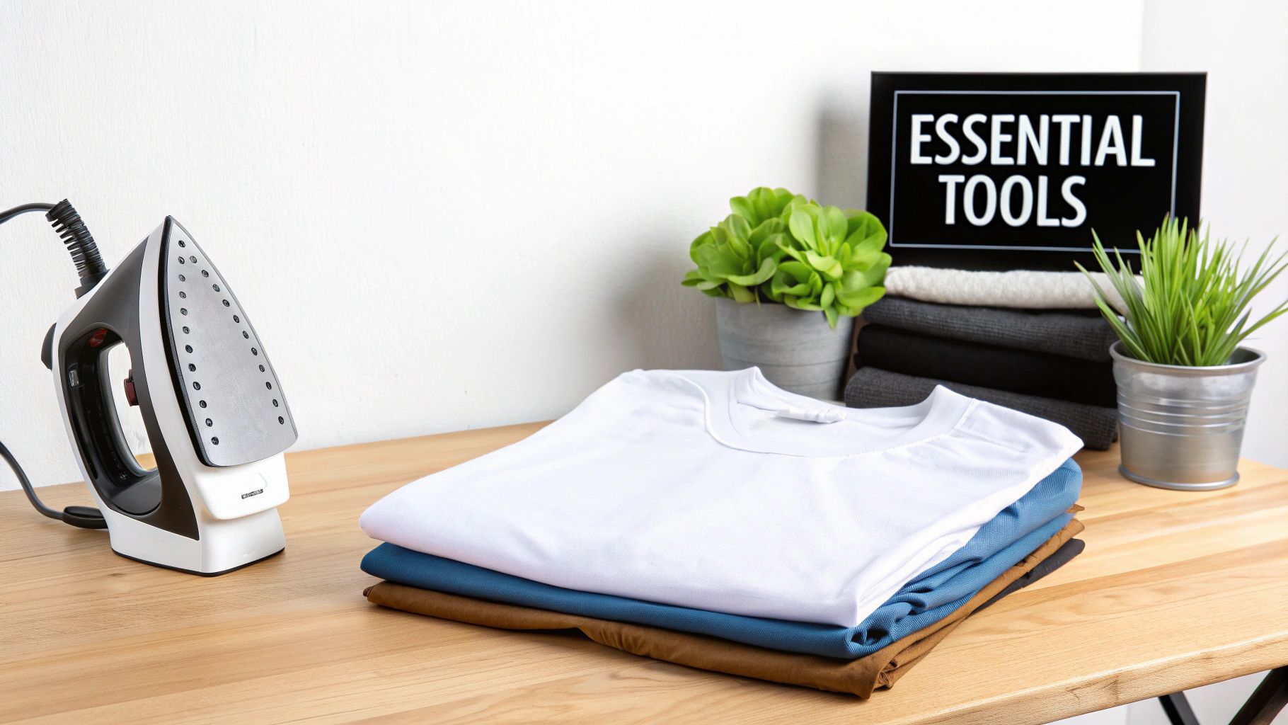 A steam iron stands next to folded t-shirts, plants, and an "ESSENTIAL TOOLS" sign.