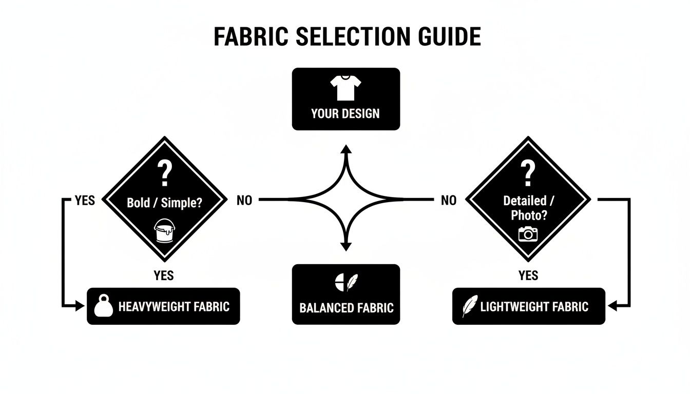 A flowchart guide for fabric selection based on design type: bold/simple, detailed/photo, or balanced.