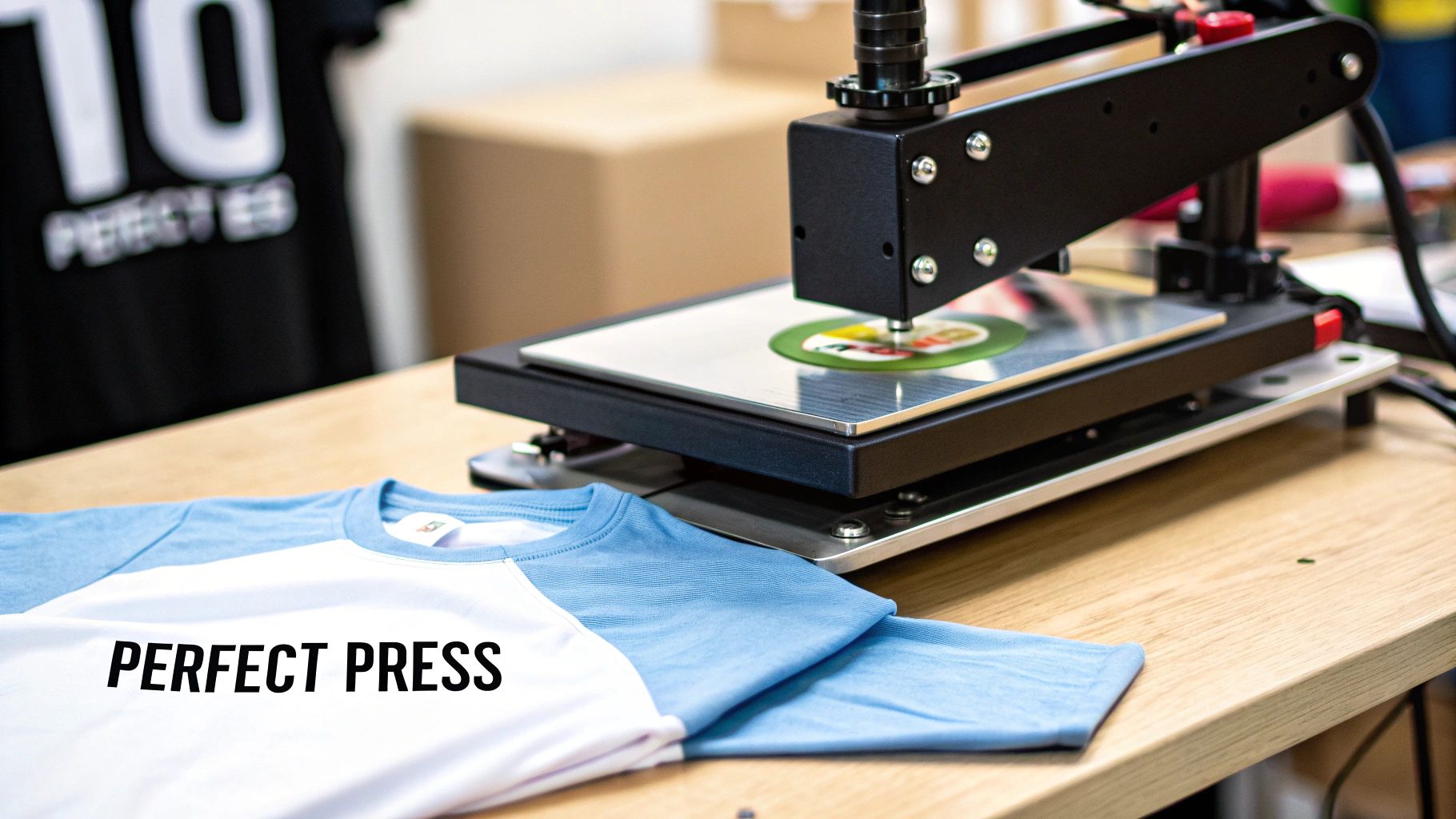 A person using a heat press to apply a DTF transfer onto a black t-shirt.
