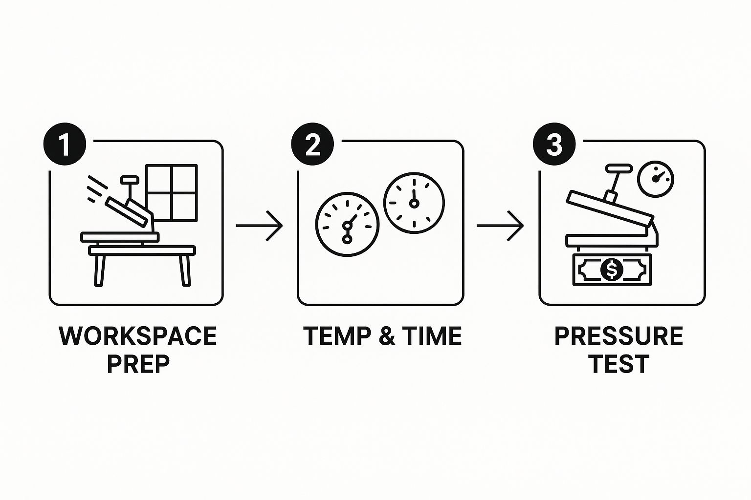An infographic illustrating the three key steps for heat press setup: Workspace Prep, setting Temperature and Time, and performing a Pressure Test.
