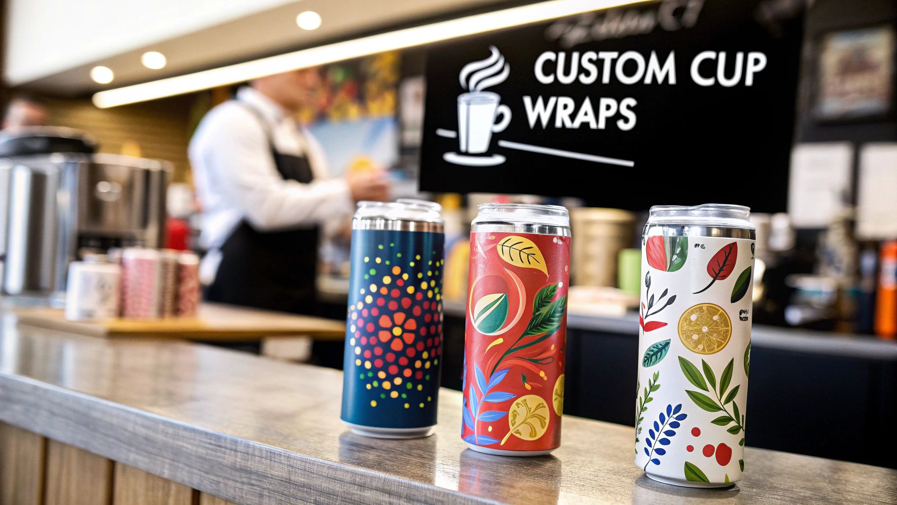 Three vibrantly custom-designed tumblers with various patterns on a cafe counter, 'Custom Cup Wraps' sign behind.