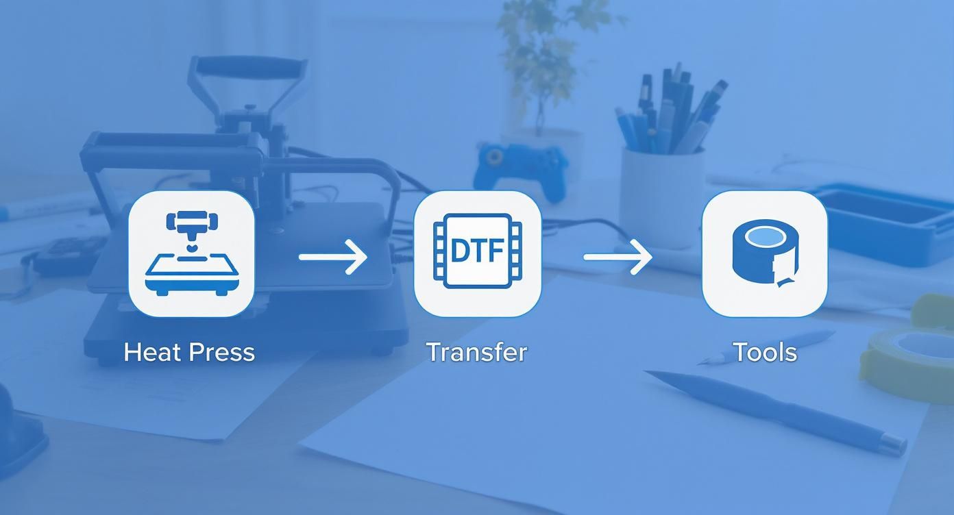 A graphic illustrating the DTF heat transfer process, showing steps for heat press, transfer, and tools.