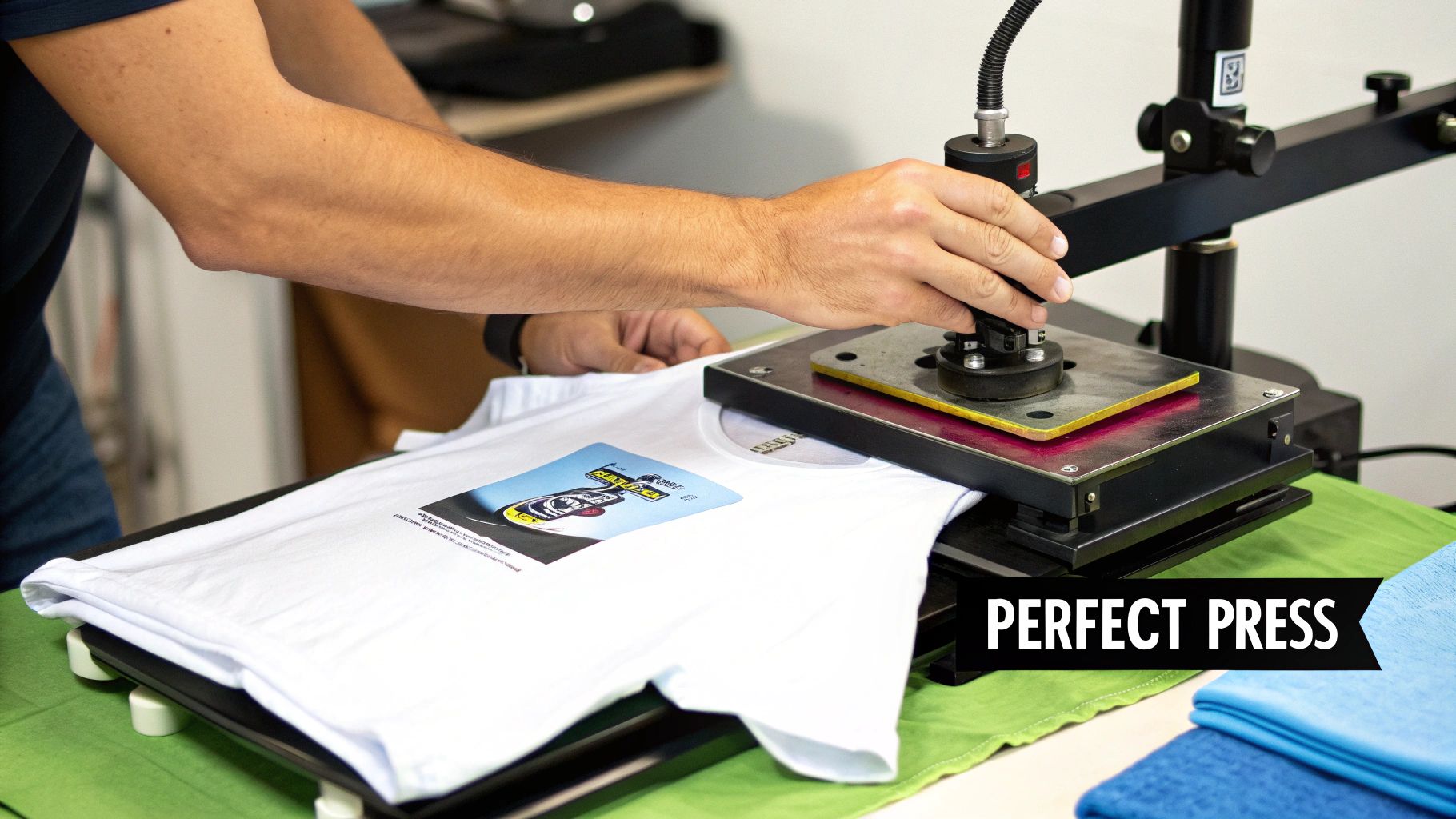 A person's hands operating a heat press machine to apply a colorful race car design onto a white t-shirt.