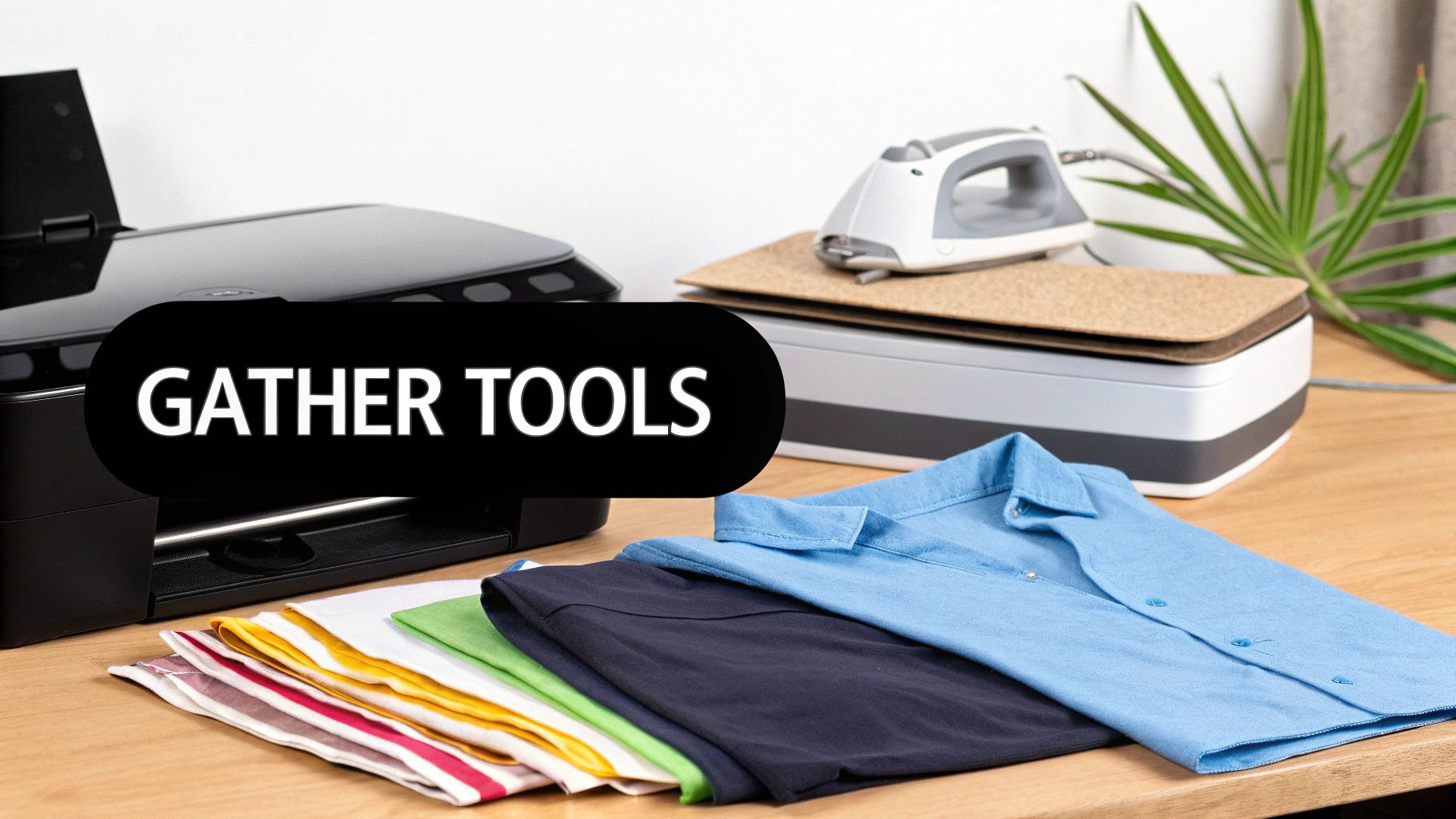 A collection of tools needed for transfer paper printing, including an inkjet printer, transfer paper, a t-shirt, and a heat press.