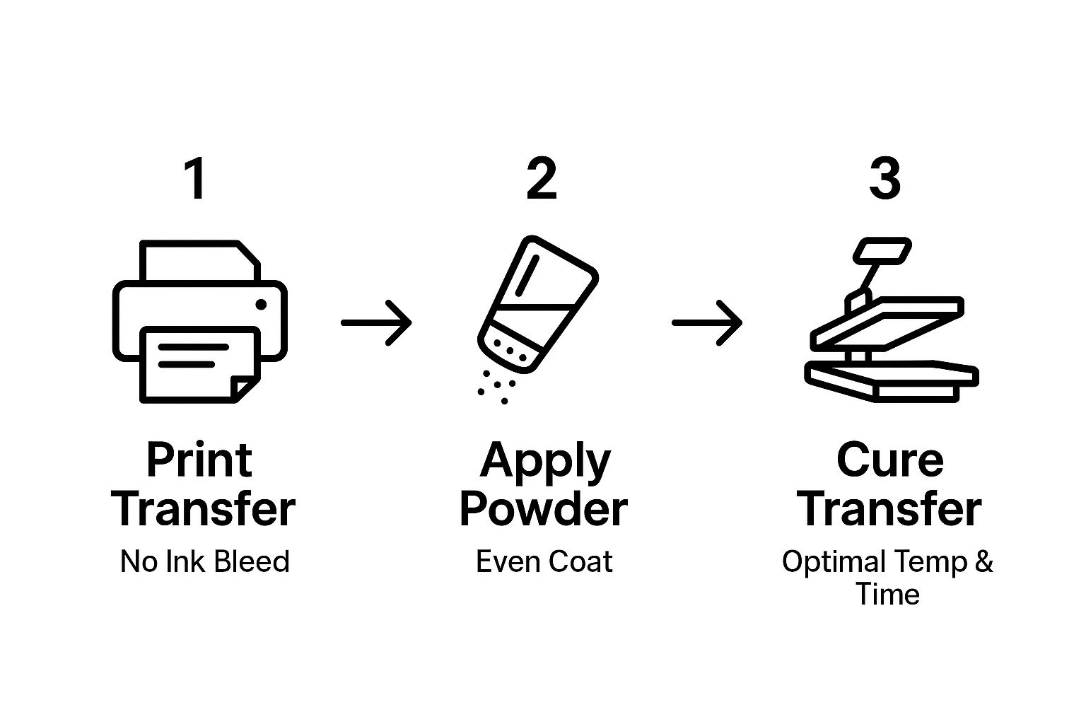 Infographic showing a three-step process: printing the transfer, applying powder, and curing the transfer.