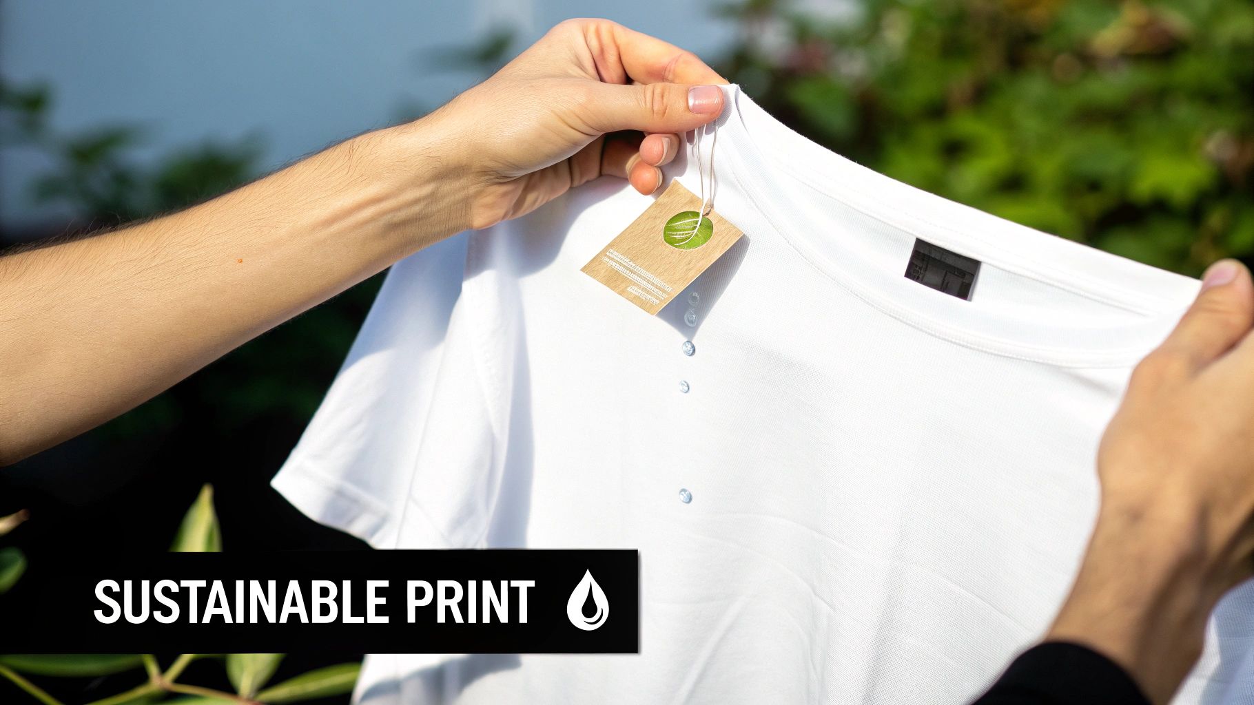 A person holds a white t-shirt with a 'Sustainable Print' tag, emphasizing eco-friendly practices.