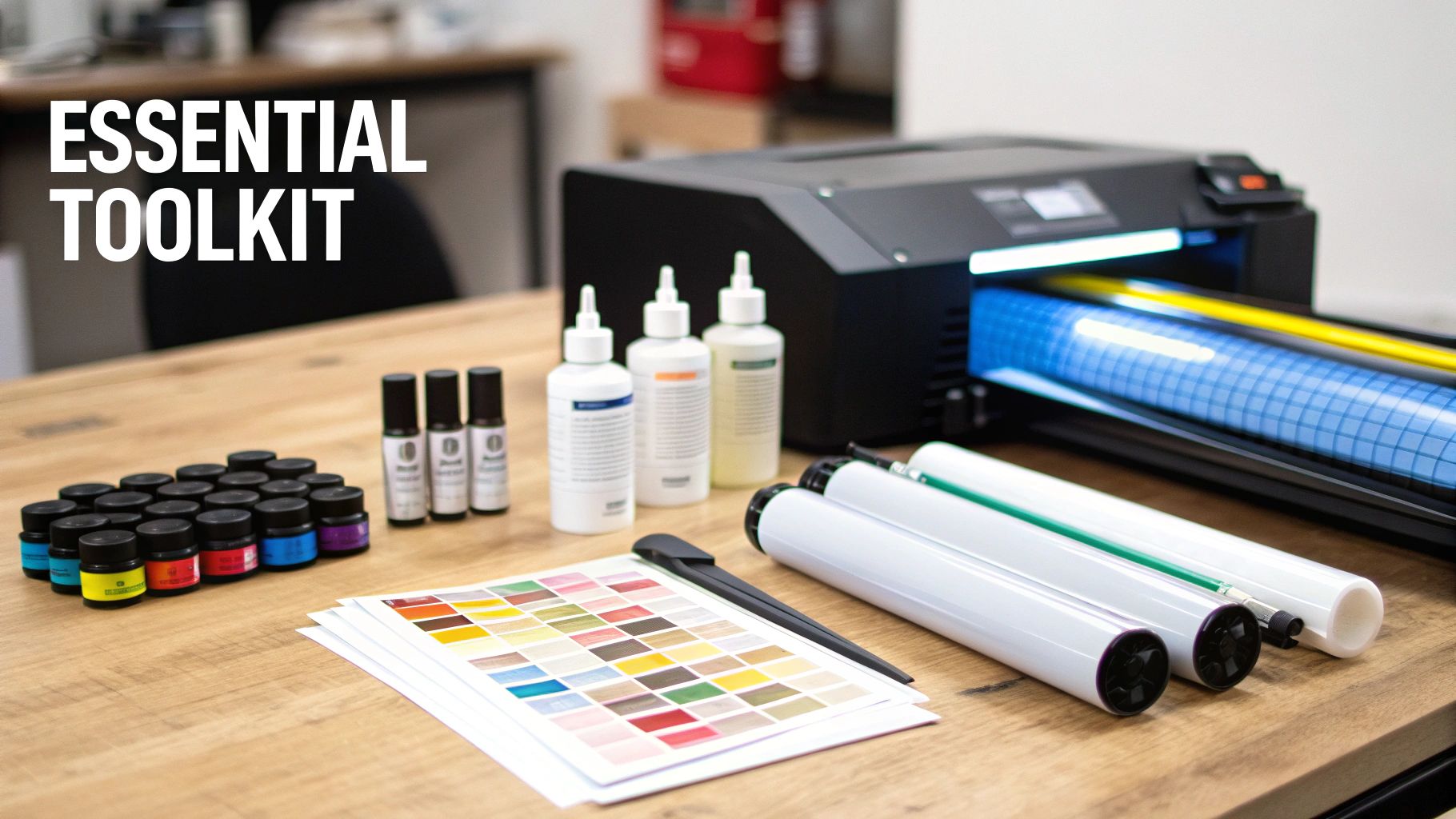 An 'Essential Toolkit' for printing and crafting, featuring a printer, bottles, color charts, and material rolls.