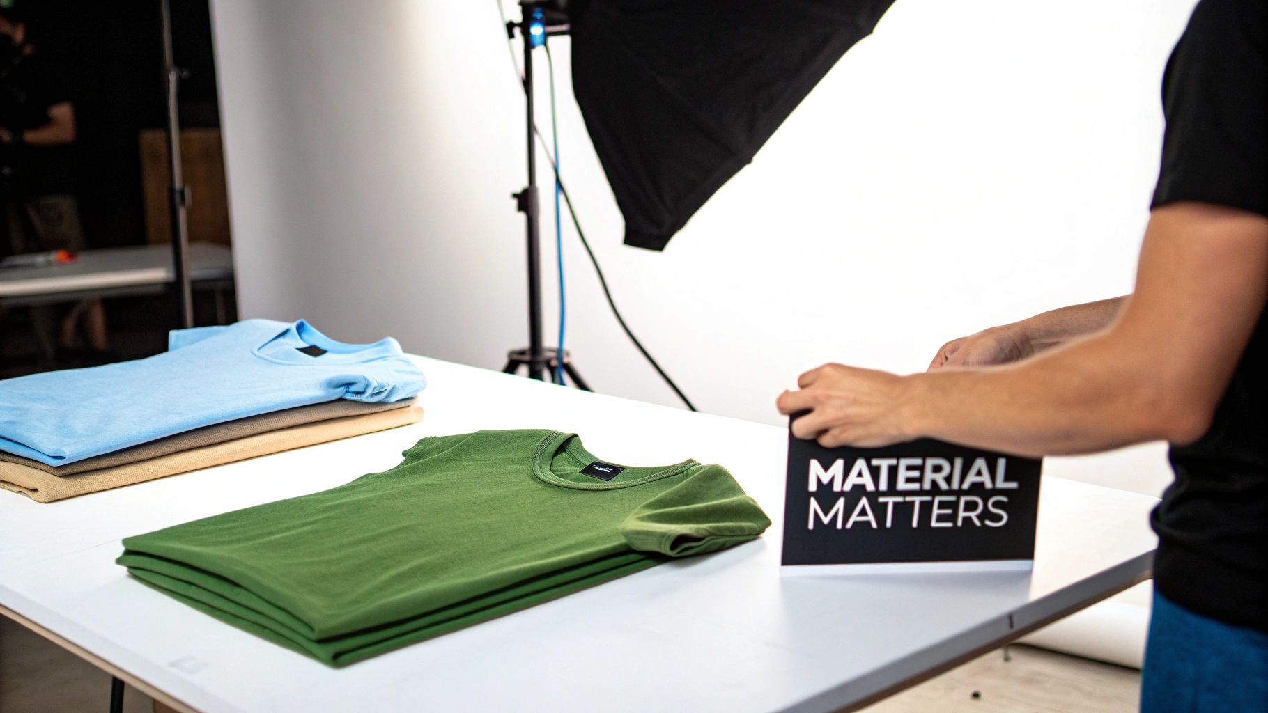Hands hold a 'MATERIAL MATTERS' sign over folded t-shirts in various colors during a studio shoot.