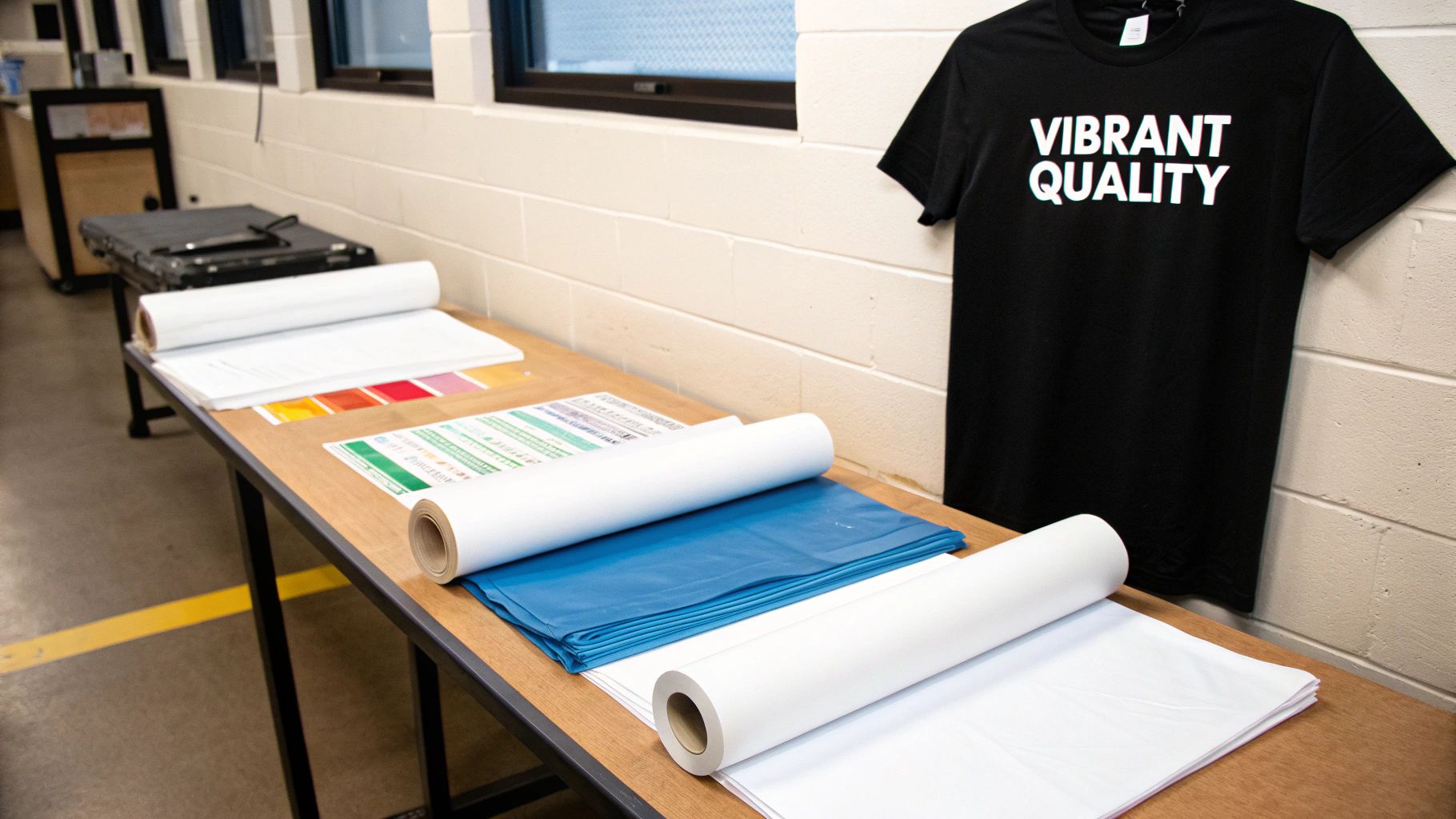 Woman applying a heat transfer to a t-shirt with a heat press
