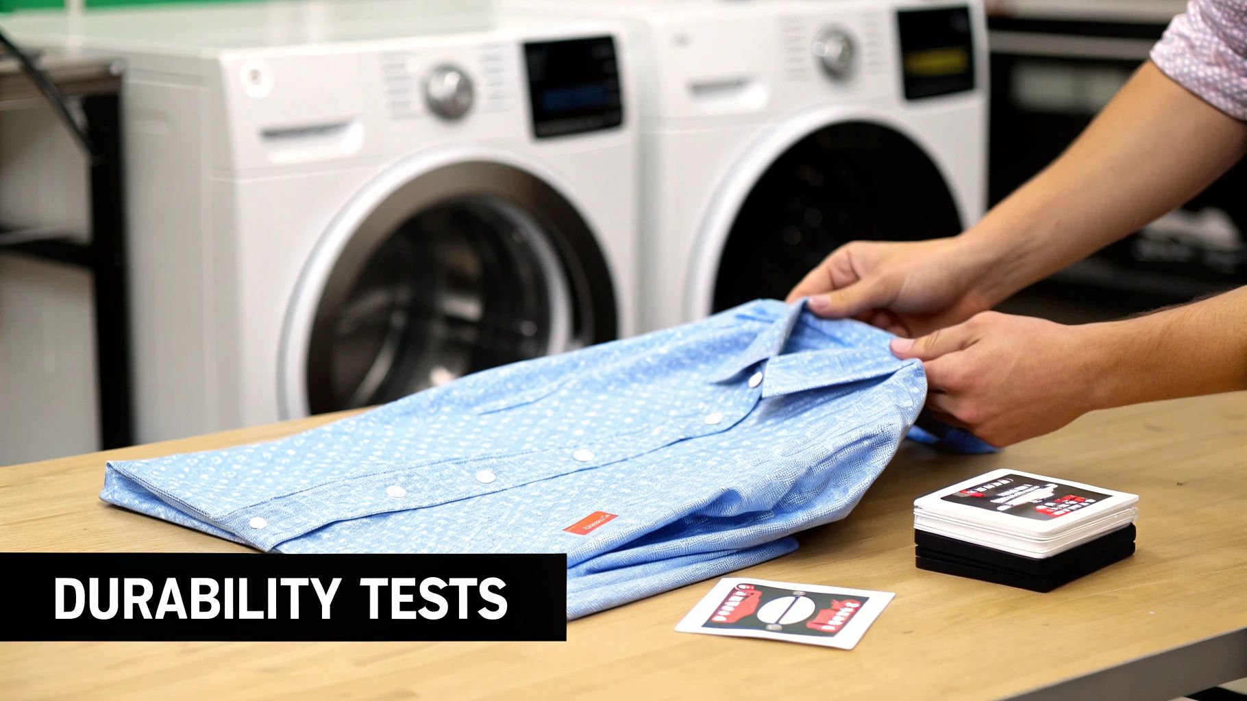 A person folds a light blue shirt on a wooden table with washing machines in the background for durability tests.
