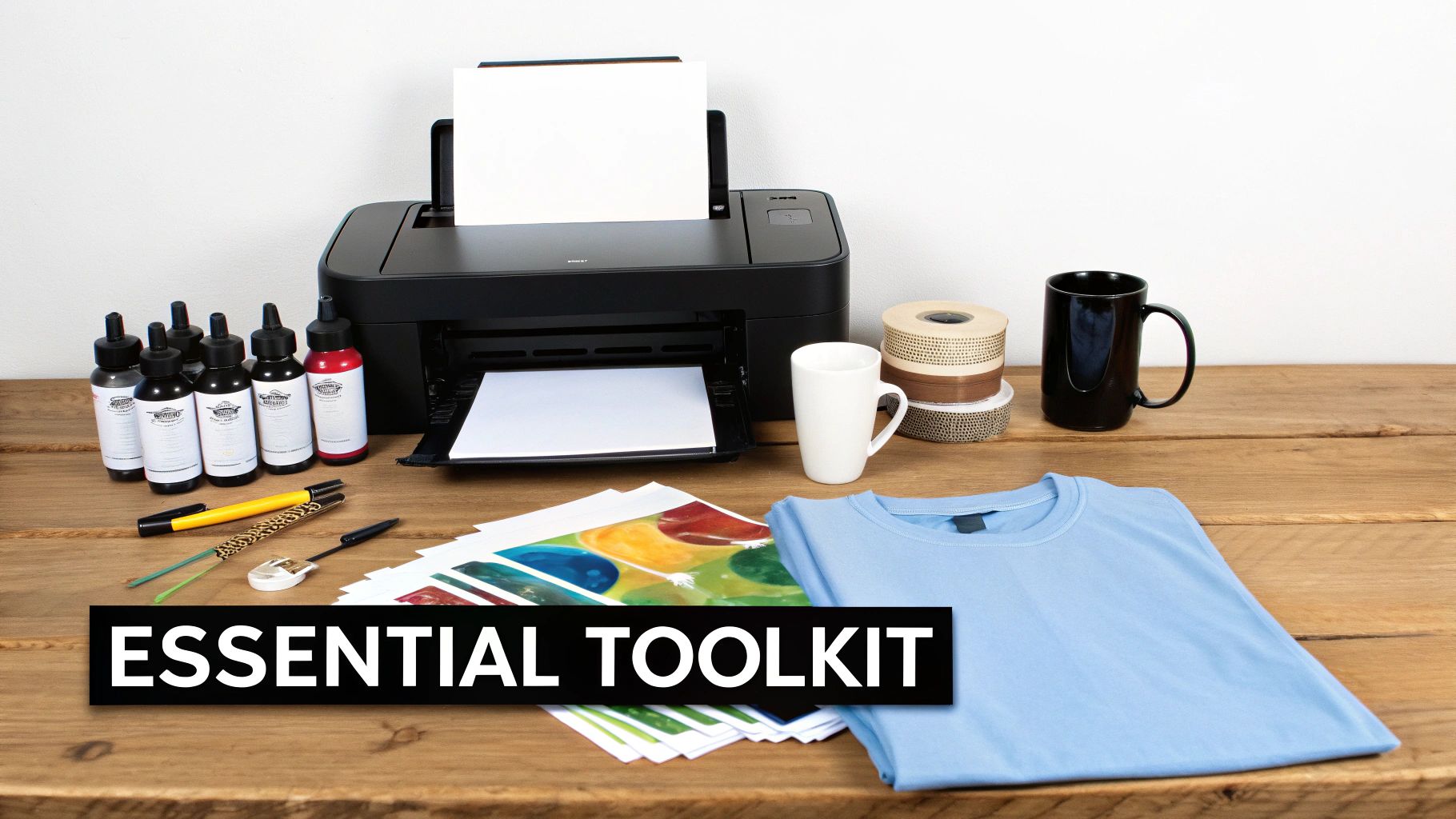 An essential toolkit for heat transfer sublimation, featuring a printer, inks, paper, and a blue t-shirt.