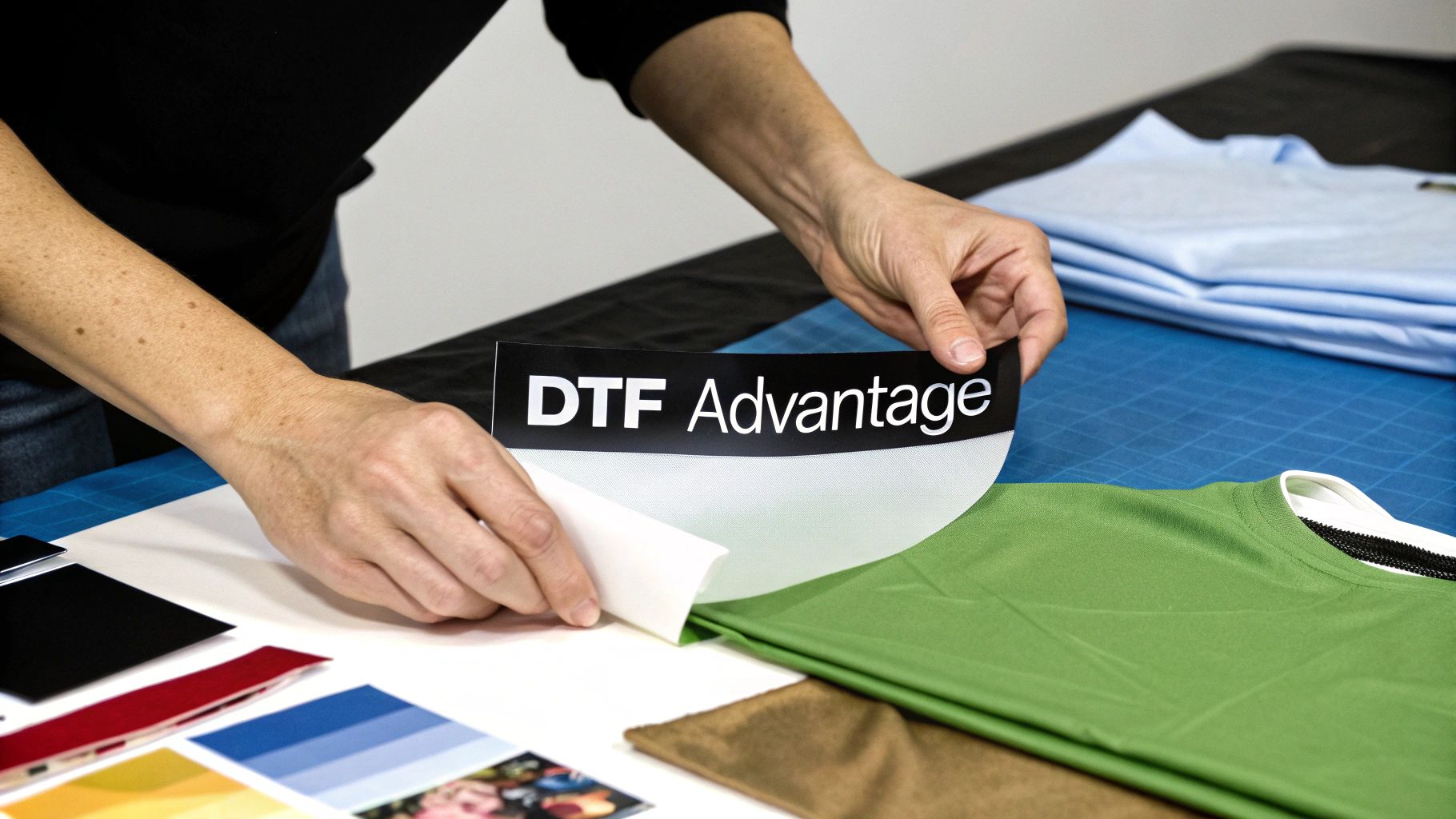 Close-up of hands peeling a DTF Advantage transfer film over a green t-shirt.