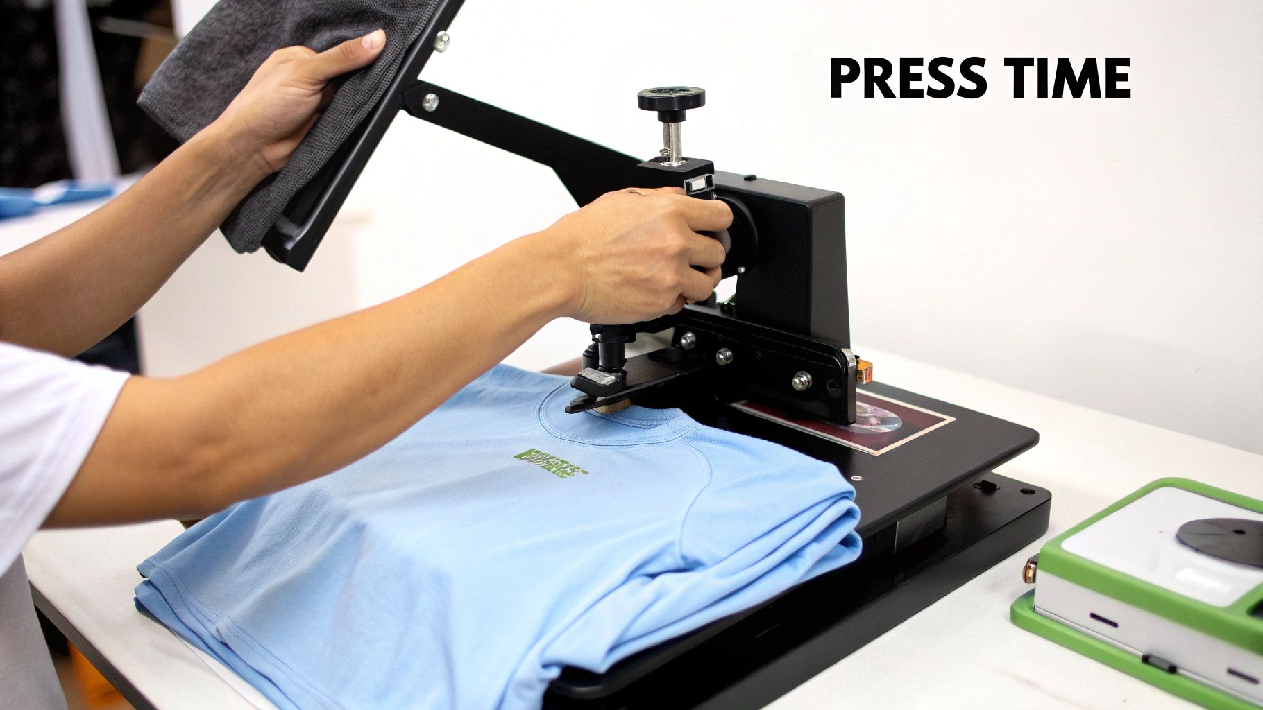 A heat press machine clamping down on a t-shirt with a design, ready for heat transfer.