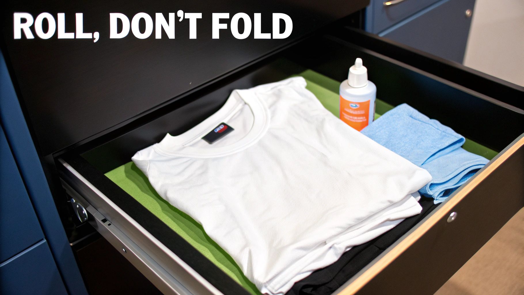 An open drawer contains a white t-shirt, a blue folded cloth, and a white bottle.
