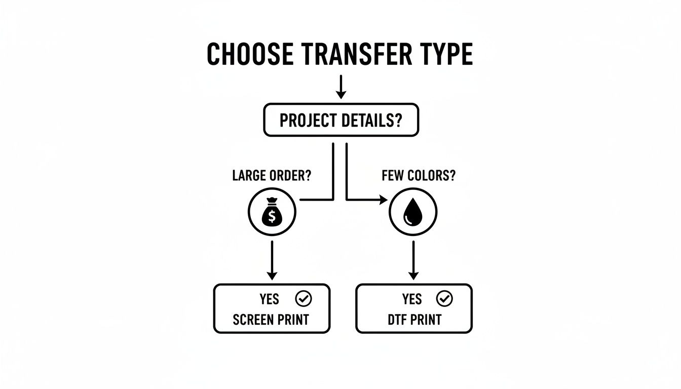 Flowchart guiding selection of screen print or DTF print based on project details, order size, and colors.