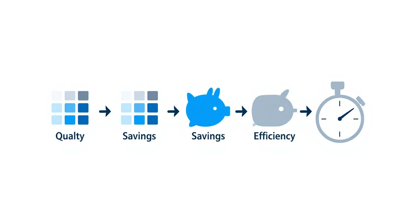 Process flow diagram showing quality improvement leading to savings, efficiency, and faster production time
