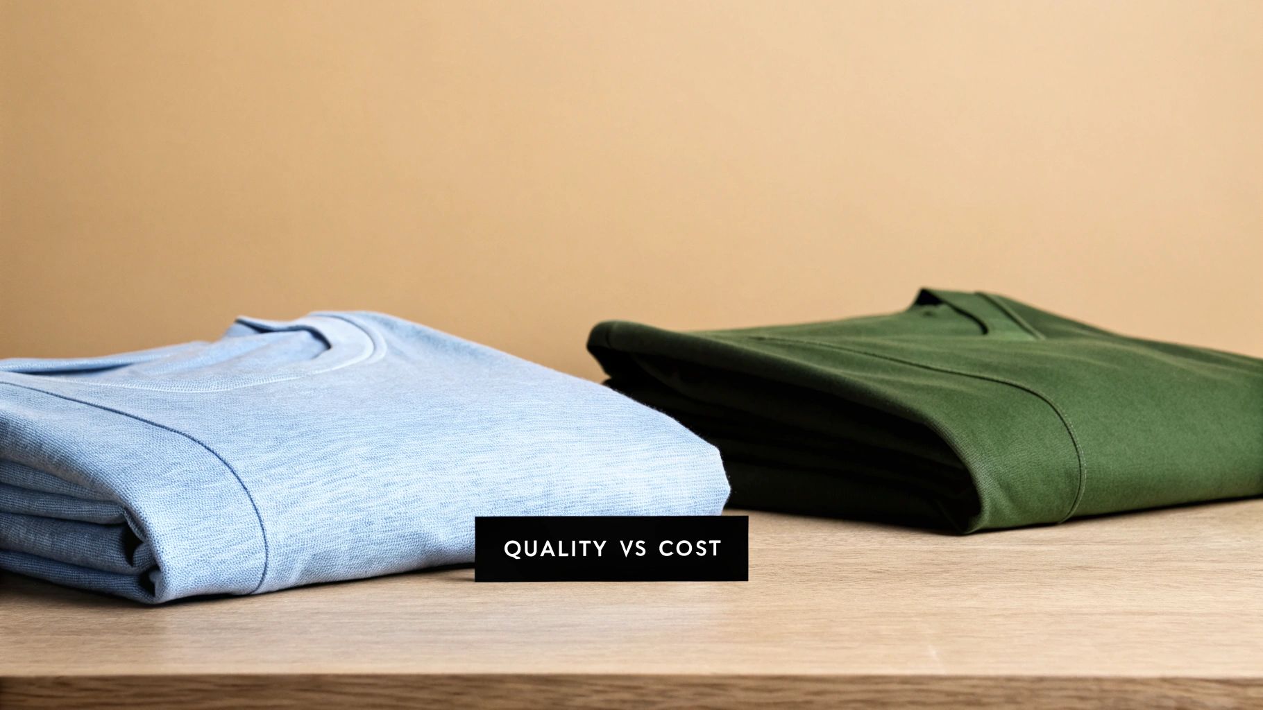 Two neatly folded t-shirts, one light blue and one dark green, on a wooden surface with a 'QUALITY VS COST' sign.