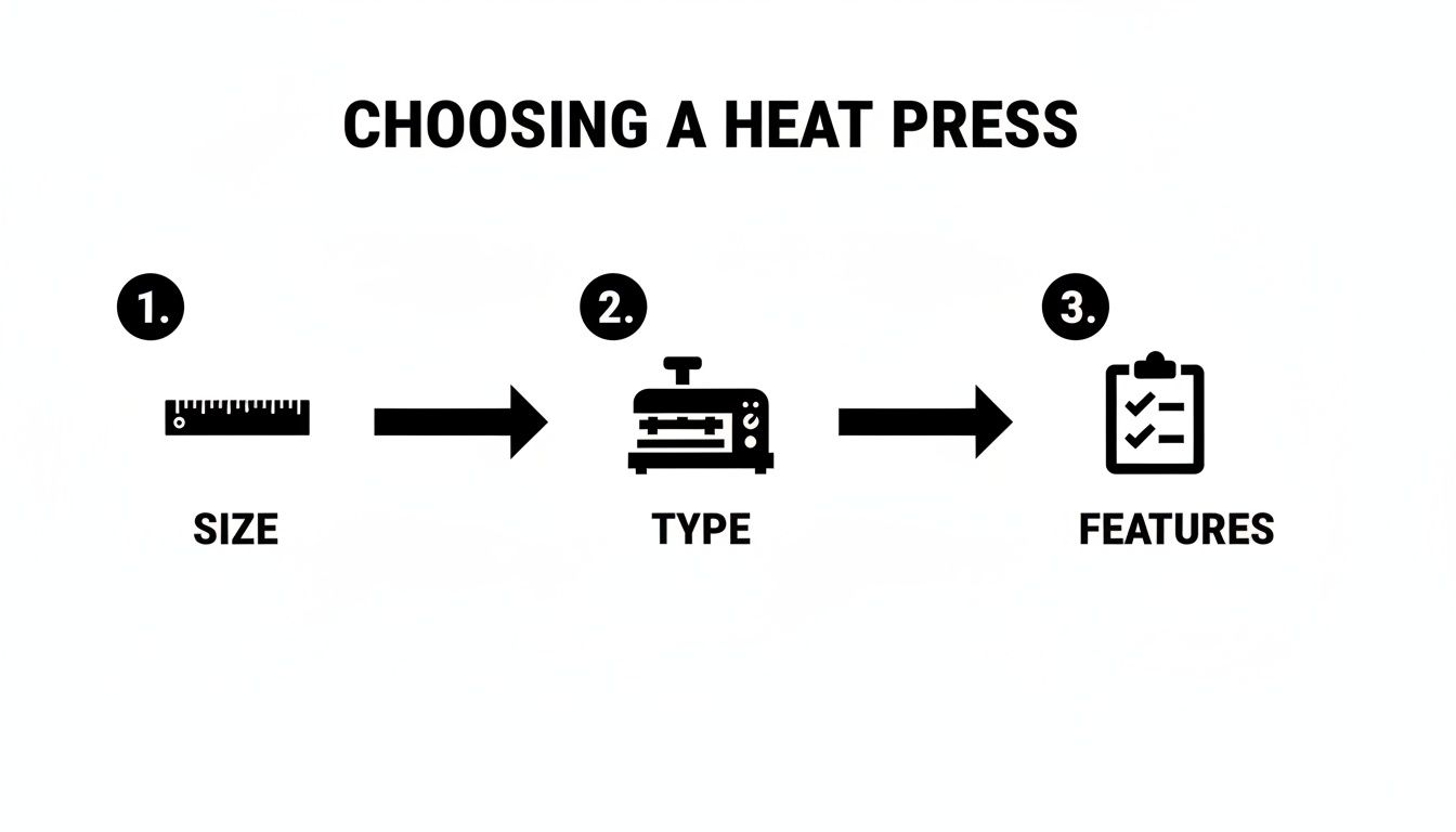 A black and white infographic titled 'Choosing a Heat Press' outlines three steps: size, type, and features.