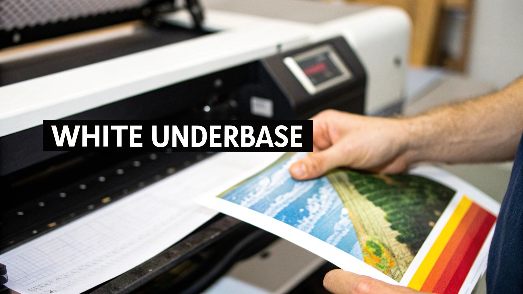 A person holding a colorful print by a large format printer, featuring 'WHITE UNDERBASE' text.