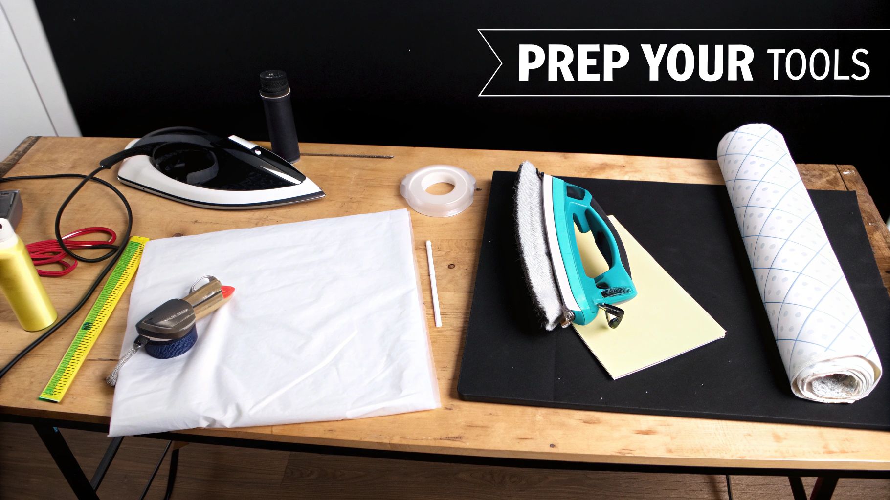 A flat lay of various crafting tools, including irons, a ruler, and transfer paper, laid out on a wooden table.