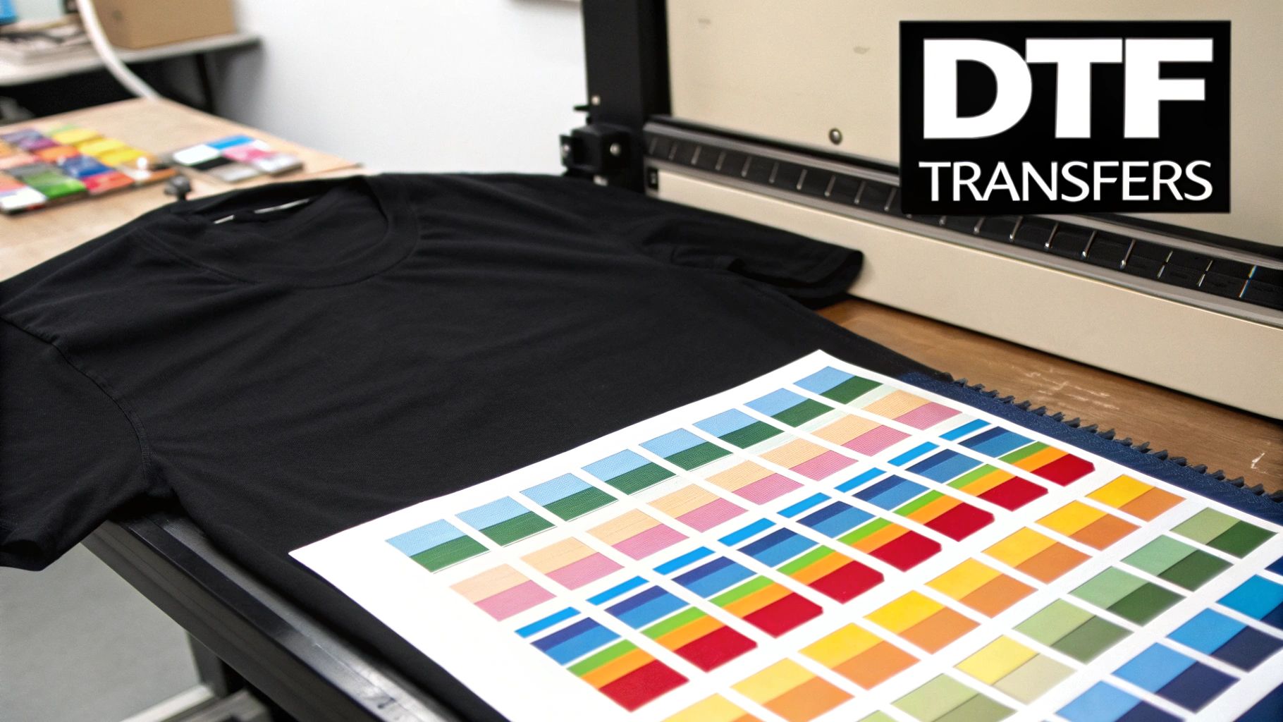 A black t-shirt, colorful DTF transfer samples, and a DTF printer for custom apparel.