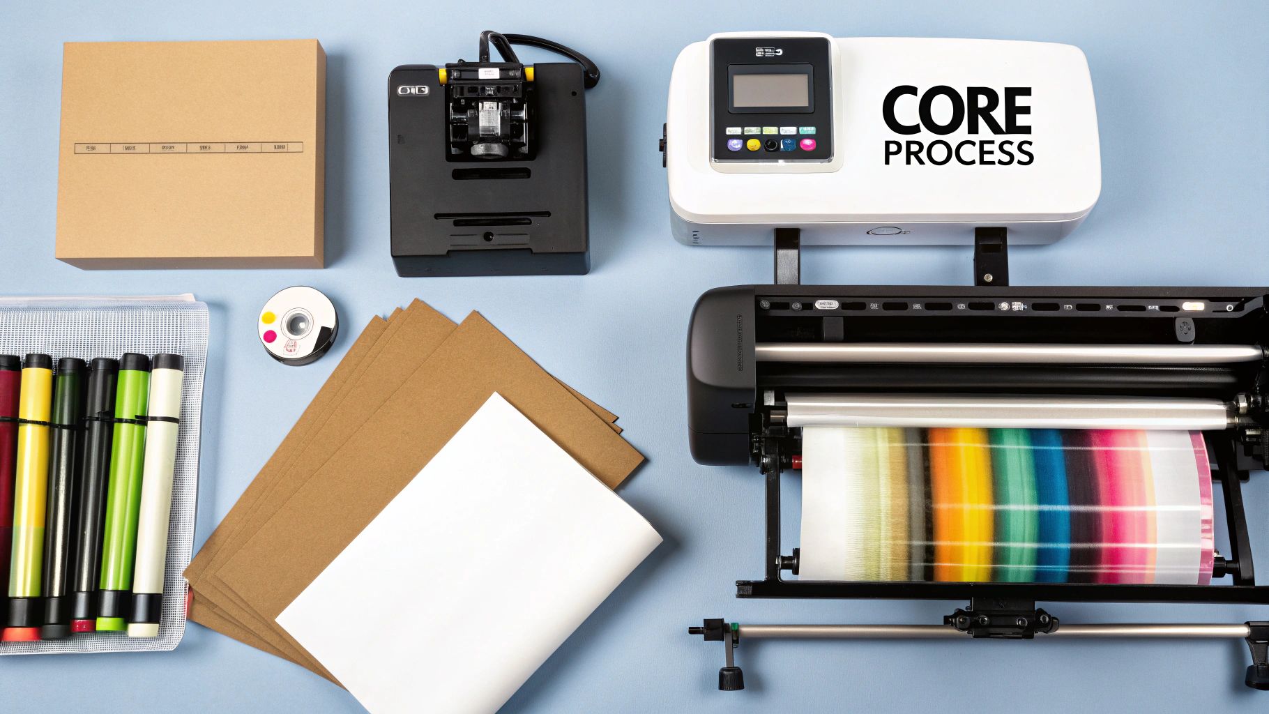 A heat press machine applying a design to a white t-shirt.