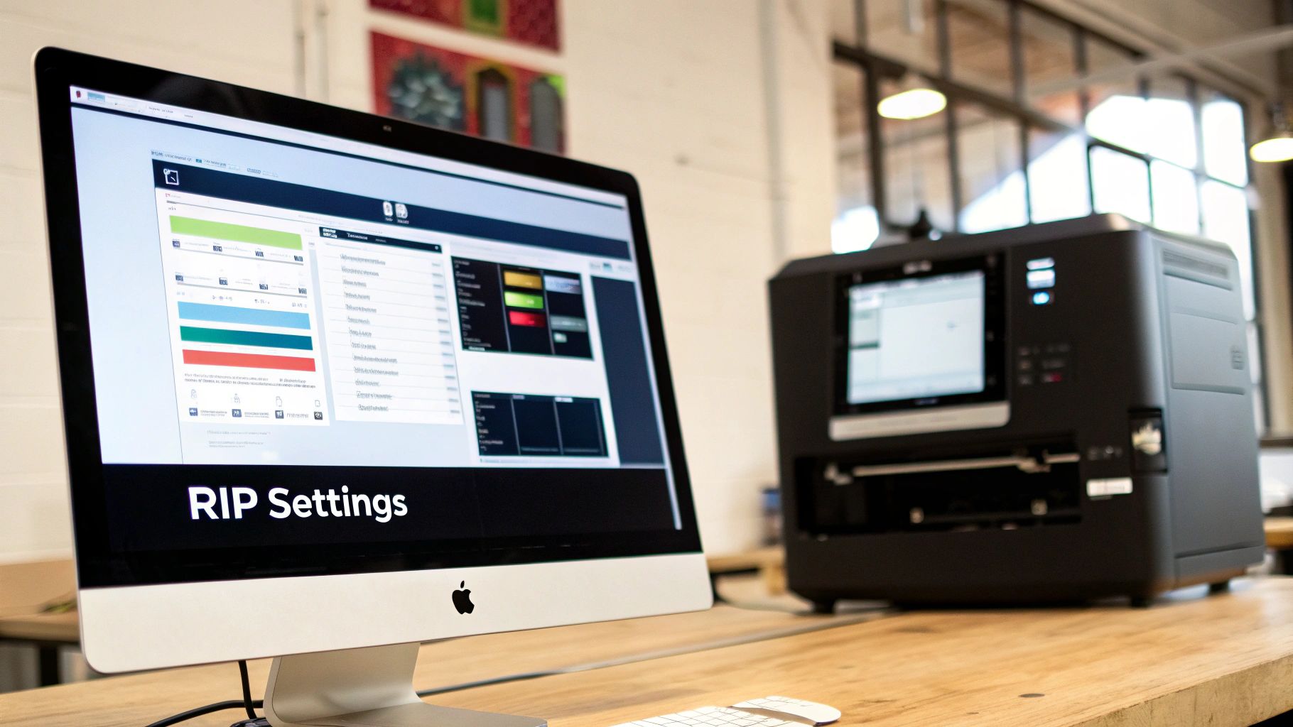 A close-up of an Apple iMac displaying 'RIP Settings' software next to an industrial printer.
