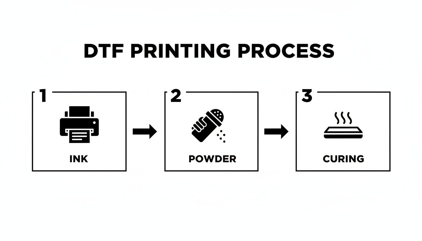 Diagram illustrating the DTF printing process steps: ink application, powder coating, and final curing.