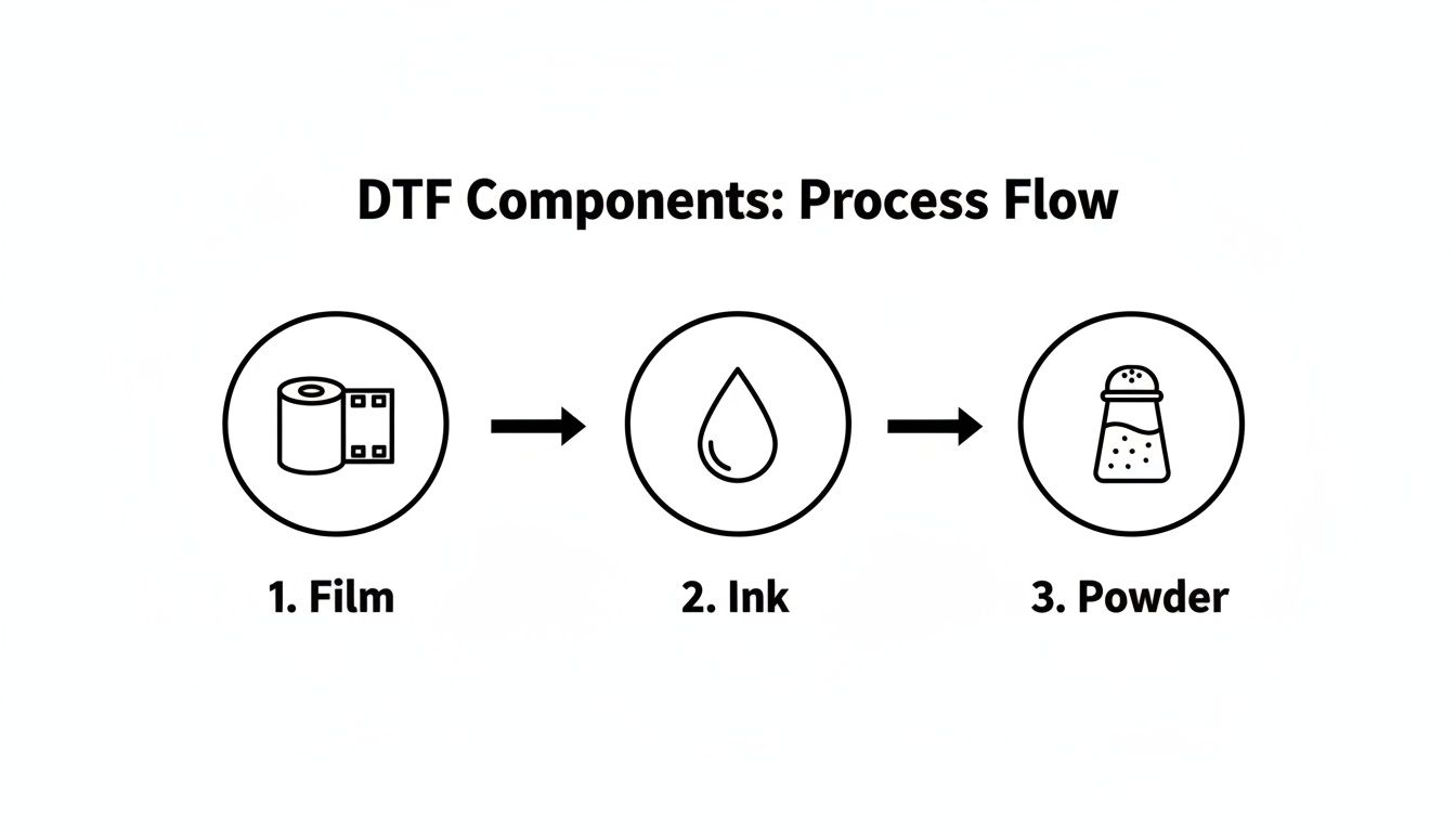 Diagram illustrating the process flow of DTF components: Film, Ink, and Powder, with corresponding icons.