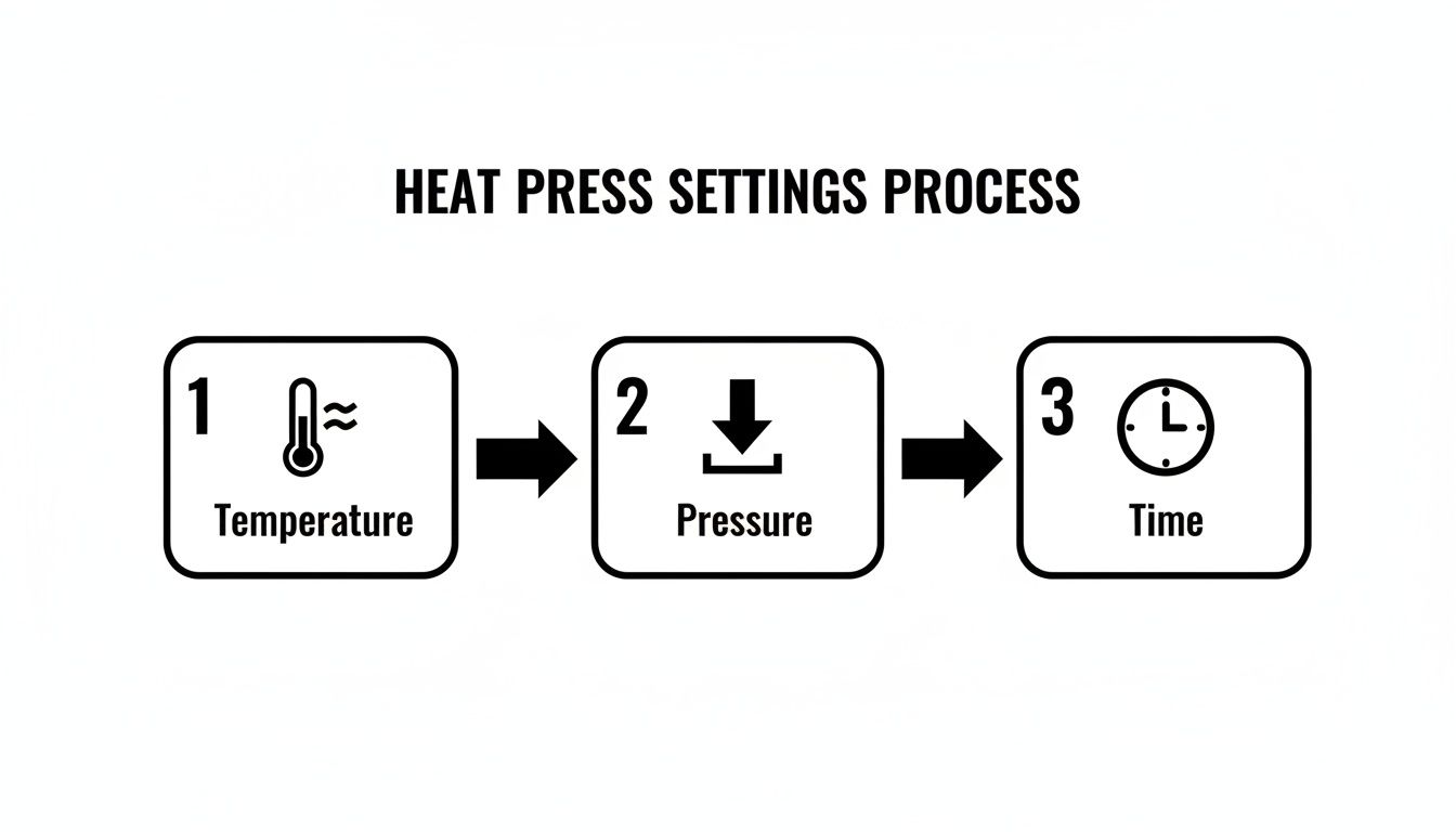 Diagram illustrating the heat press settings process: step 1 for temperature, step 2 for pressure, and step 3 for time.