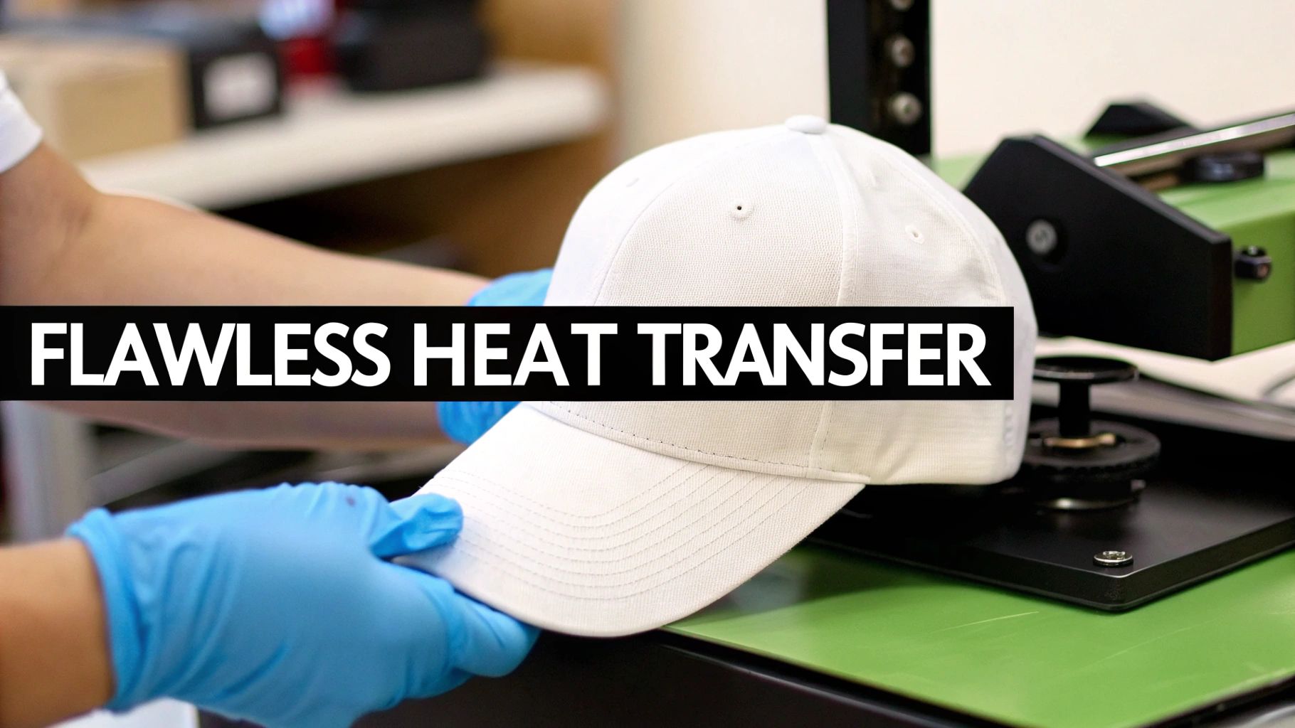 A person wearing blue gloves carefully places a white baseball cap onto a heat press machine.