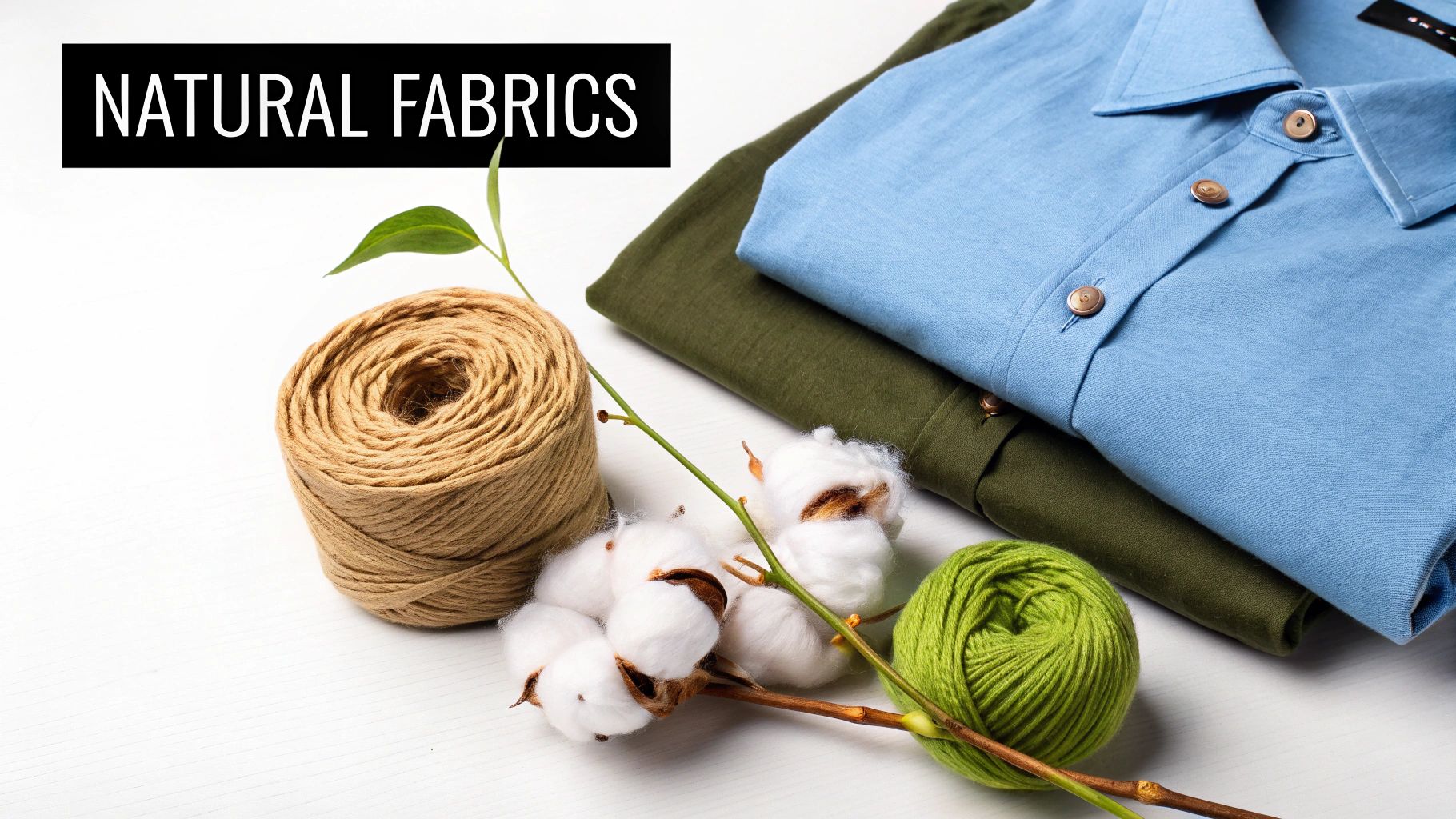 A collection of natural shirts in cotton, linen, and wool fabrics neatly folded