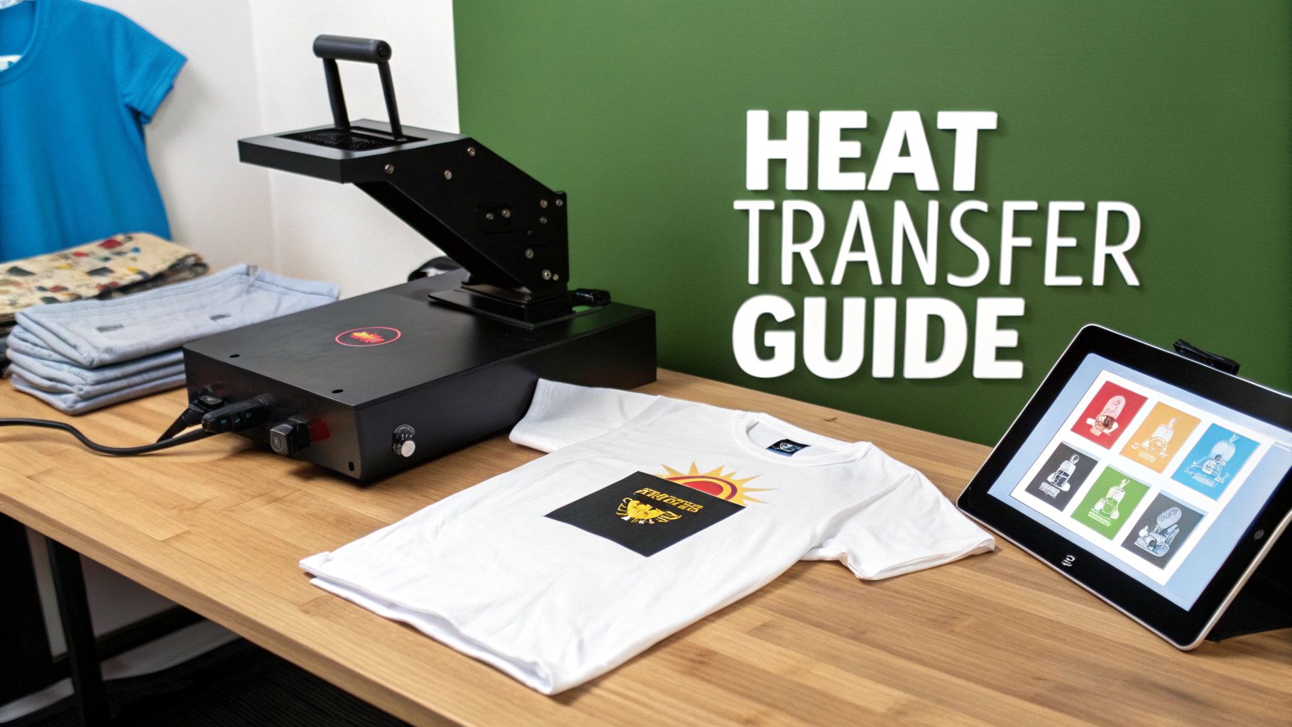 A person using a heat press machine to apply a colorful design onto a white t-shirt.