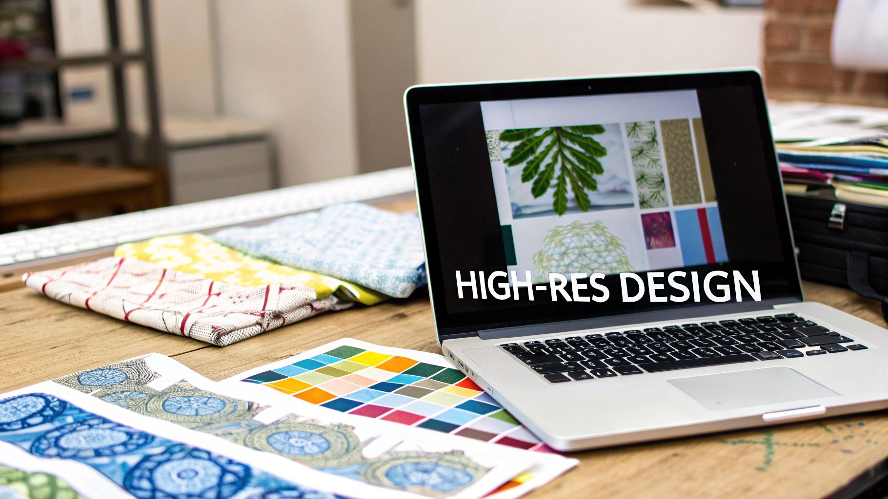 A design workspace with a laptop showing high-resolution patterns, fabric swatches, and color palettes.