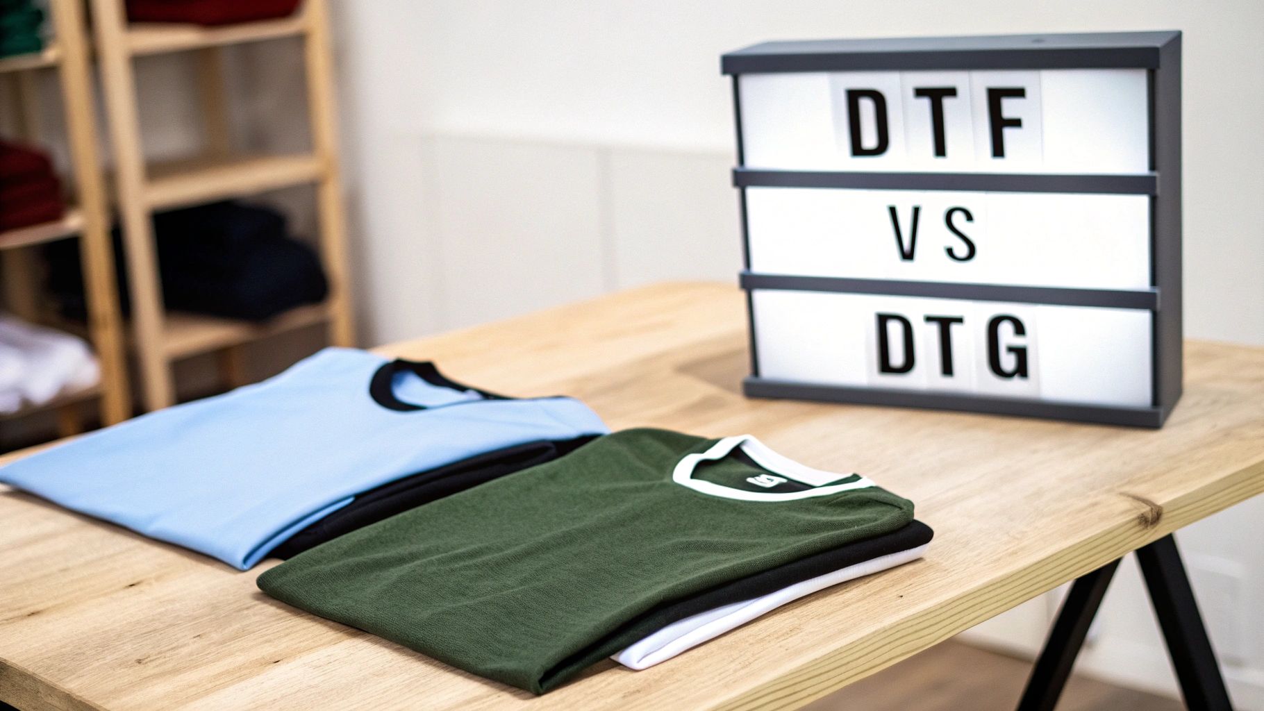 A lightbox sign comparing DTF vs DTG, with various colored folded t-shirts on a wooden table.